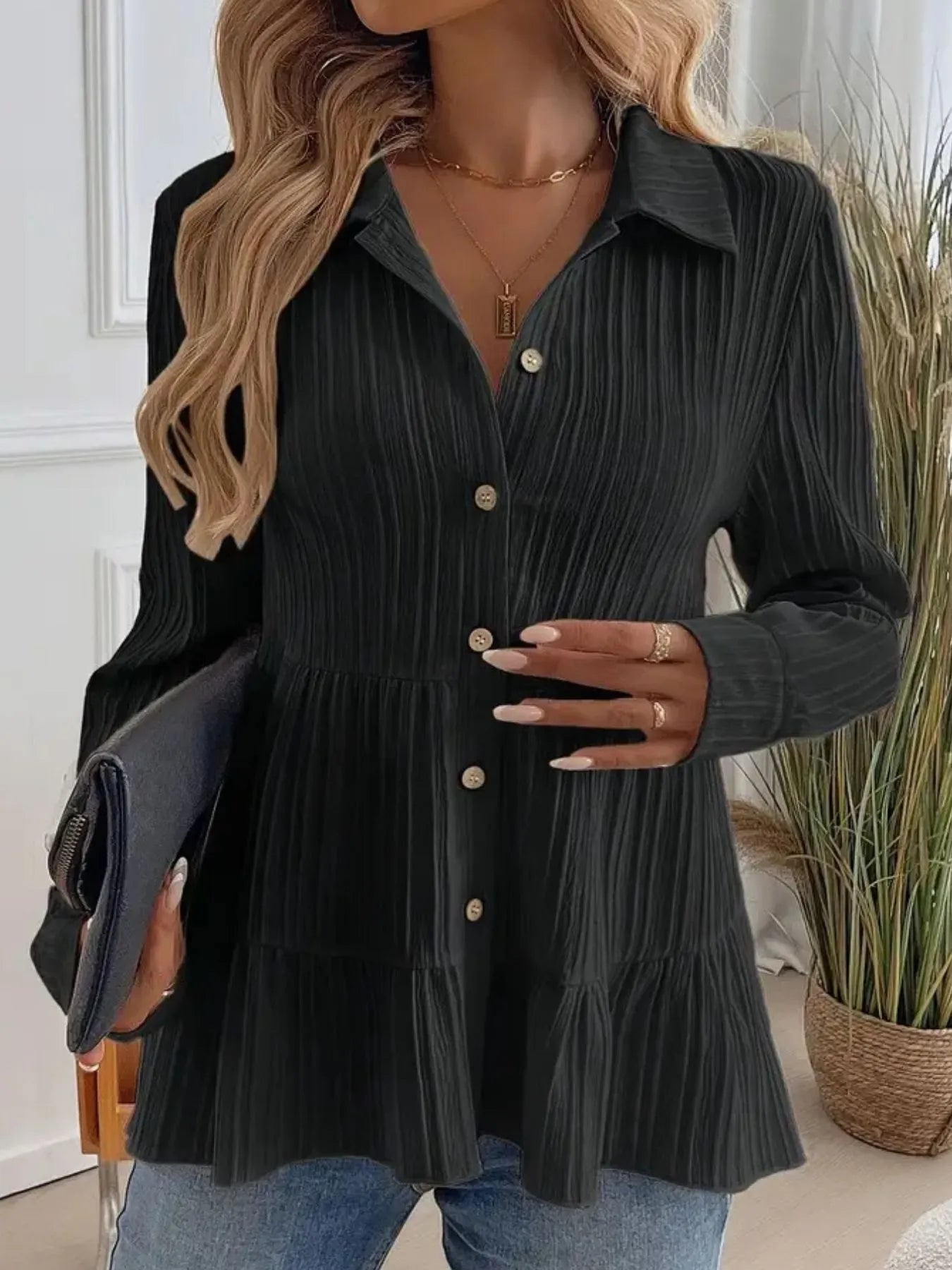 Striped Button-Down Tiered Shirt -  Be Bliss Boutique
