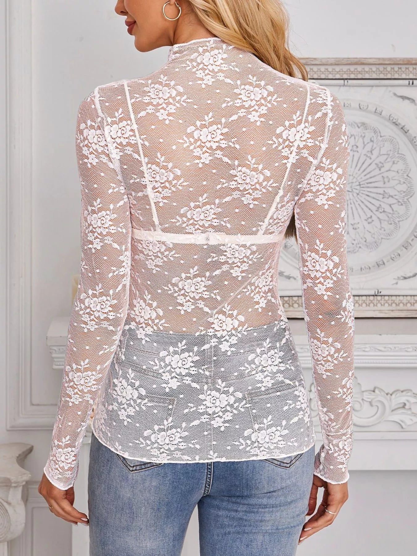 Lace Mock Neck Long Sleeve Blouse - Be Bliss Boutique