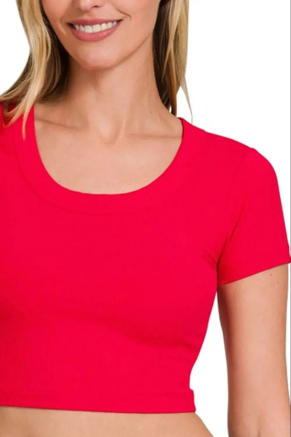 Zenana Ribbed Scoop Neck Crop Short Sleeve Top | Be Bliss Boutique
