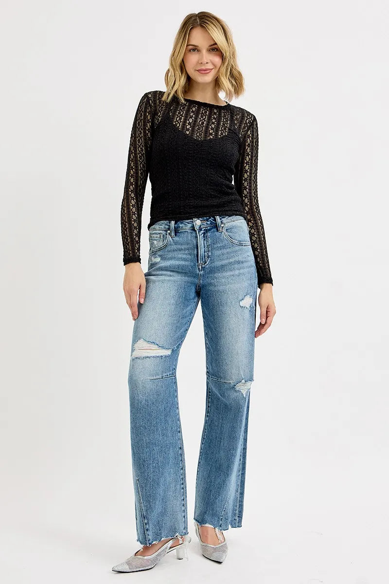 RISEN Full Size Mid Rise Fit Wide Baggy Leg Tie Washed Jeans Plus Size -  Be Bliss Boutique