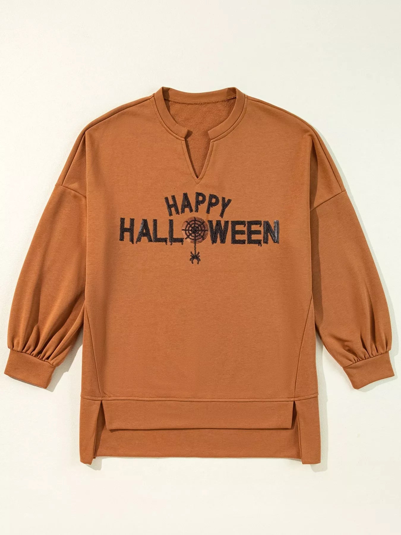 Happy Halloween Graphic Notched Long Sleeve Loose Top -  Be Bliss Boutique