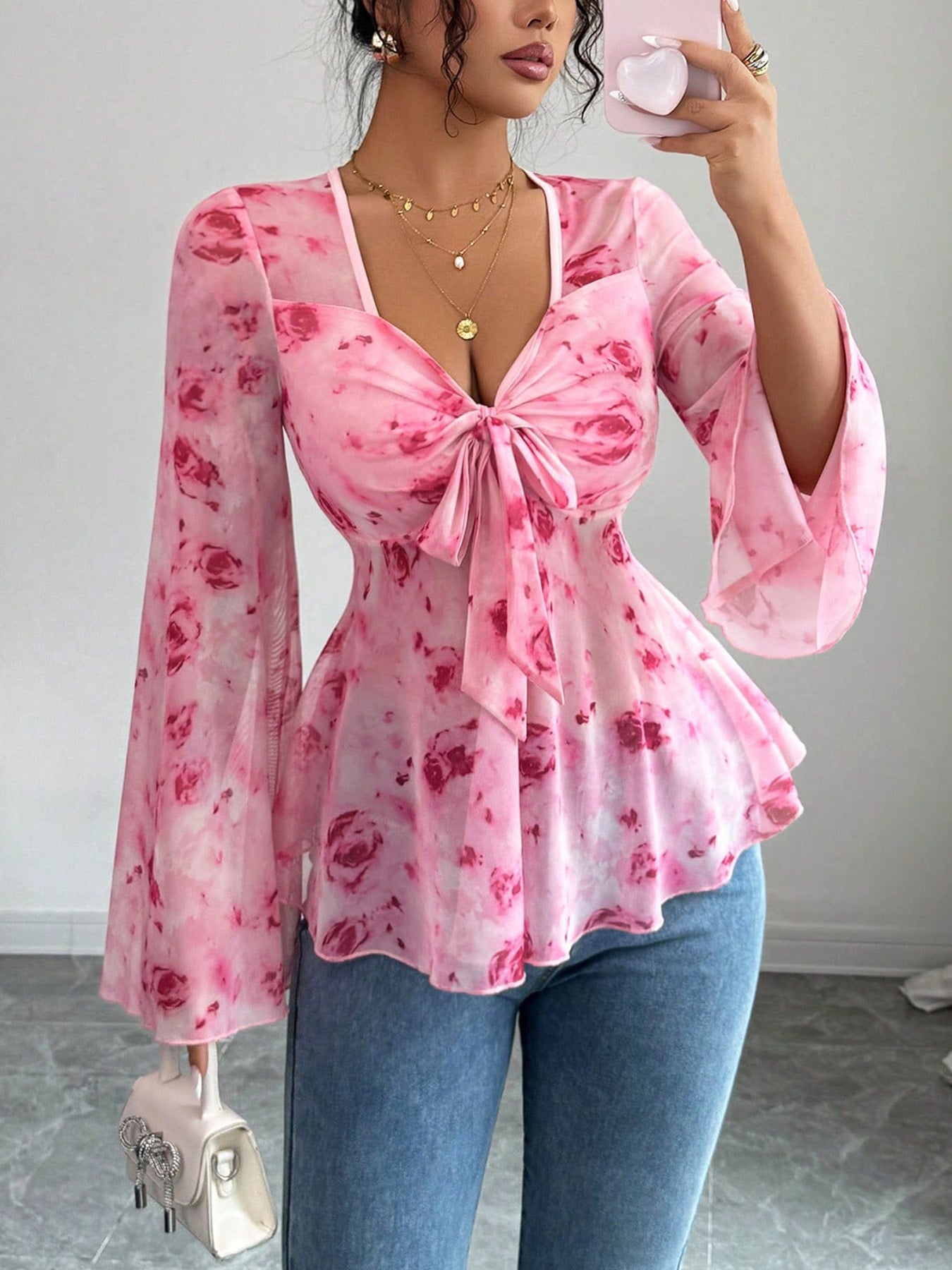 Floral Print Tie Front Chiffon Flare Sleeve Blouse - Be Bliss Boutique
