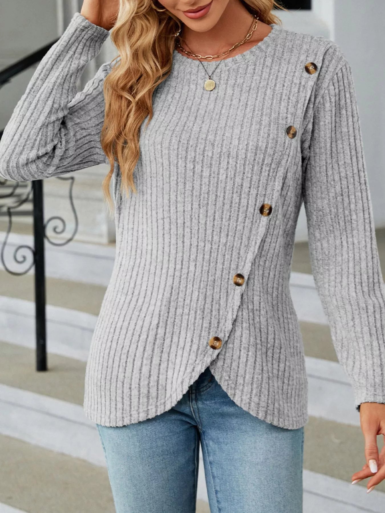 Ribbed Knit Decor Button T-Shirt -  Be Bliss Boutique