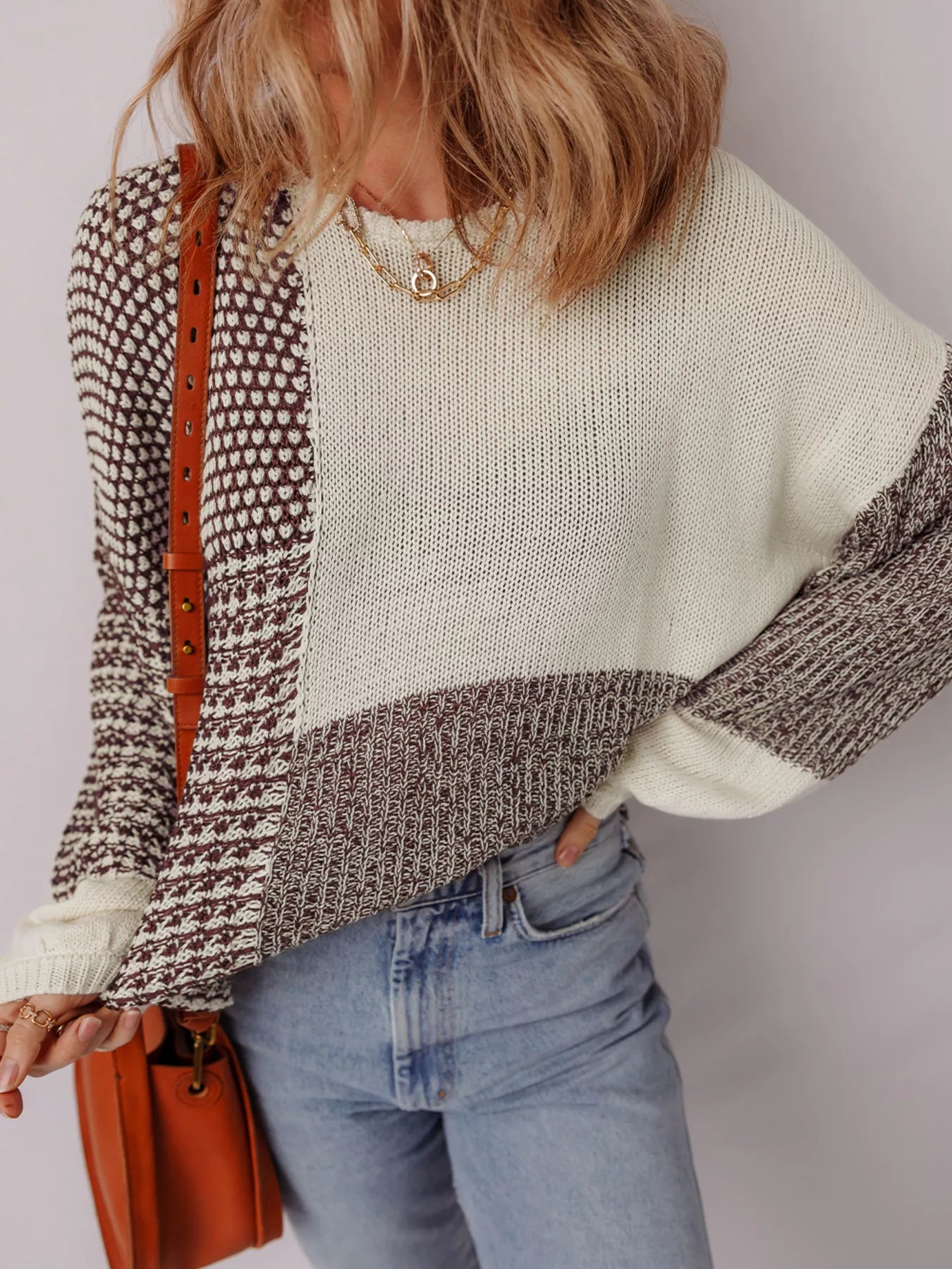 Color Block Back Tie Drop Shoulder Loose Sweater -  Be Bliss Boutique