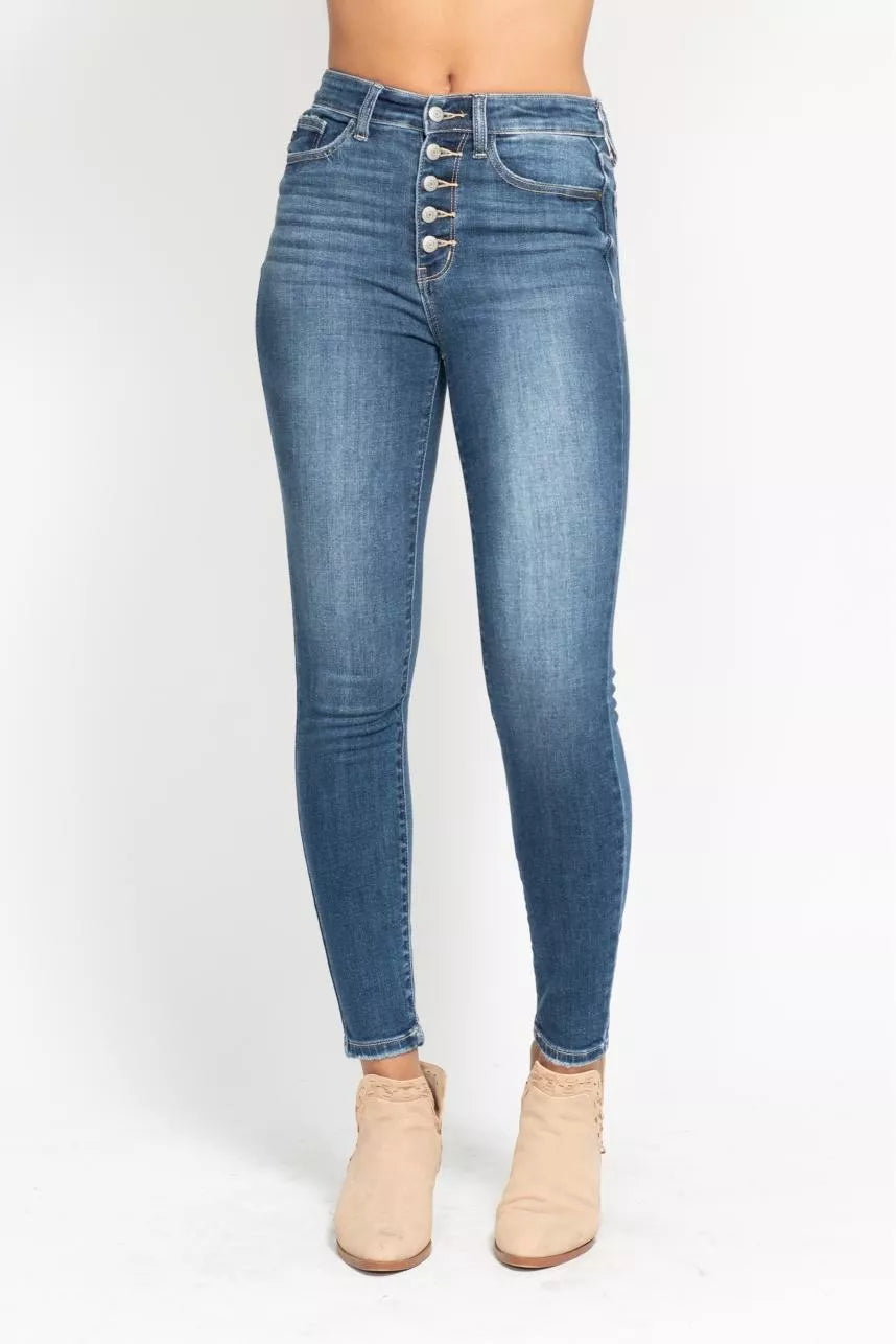 Judy Blue Full Size High Rise Button Fly Skinny Jeans Plus Size - Be Bliss Boutique