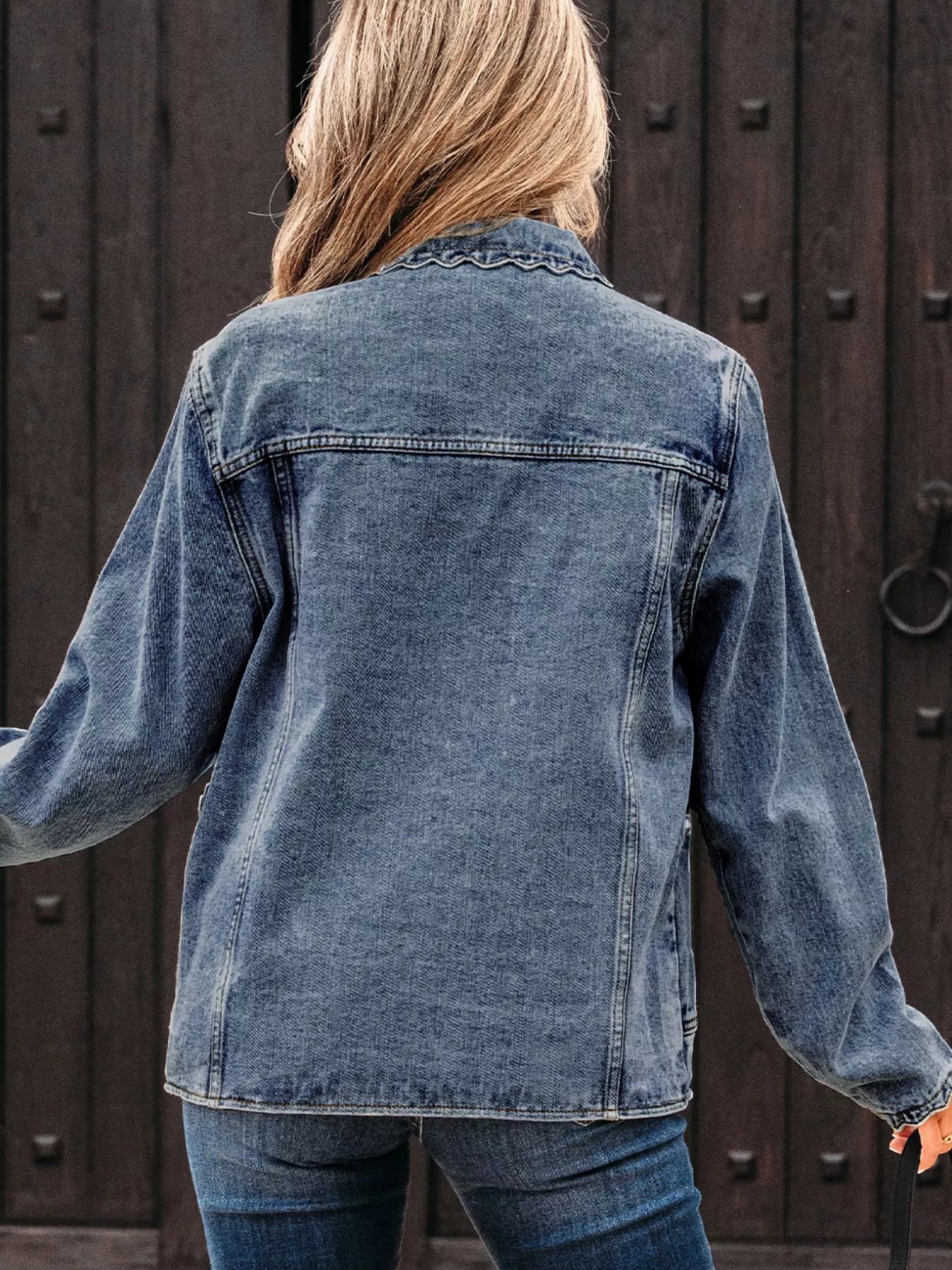 Scallop Trim Collar Patched Pocket Button Up Denim Jacket - Be Bliss Boutique