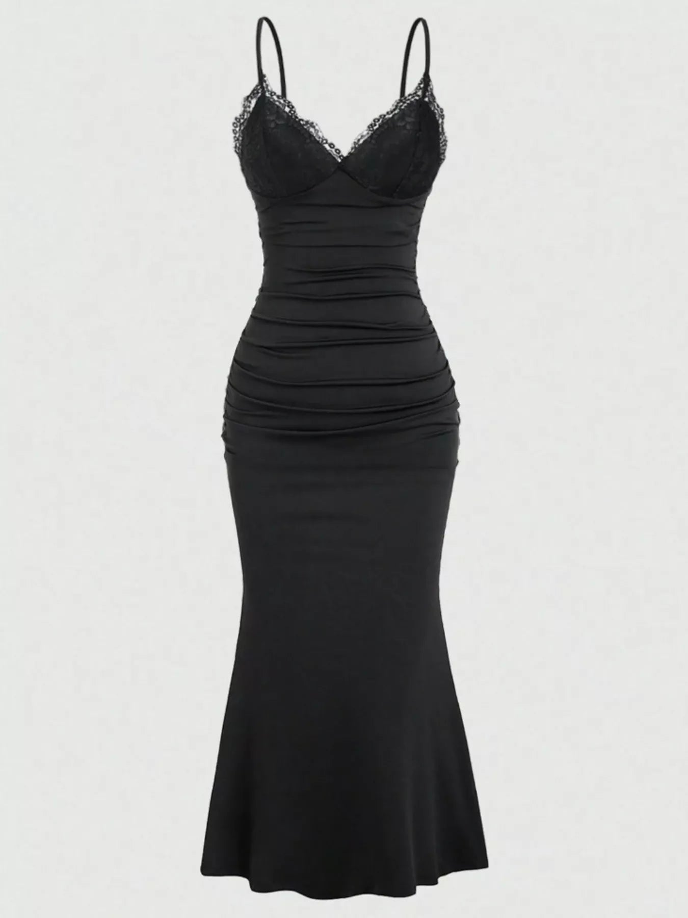 Lace Trim Ruched Mermaid Dress - Be Bliss Boutique