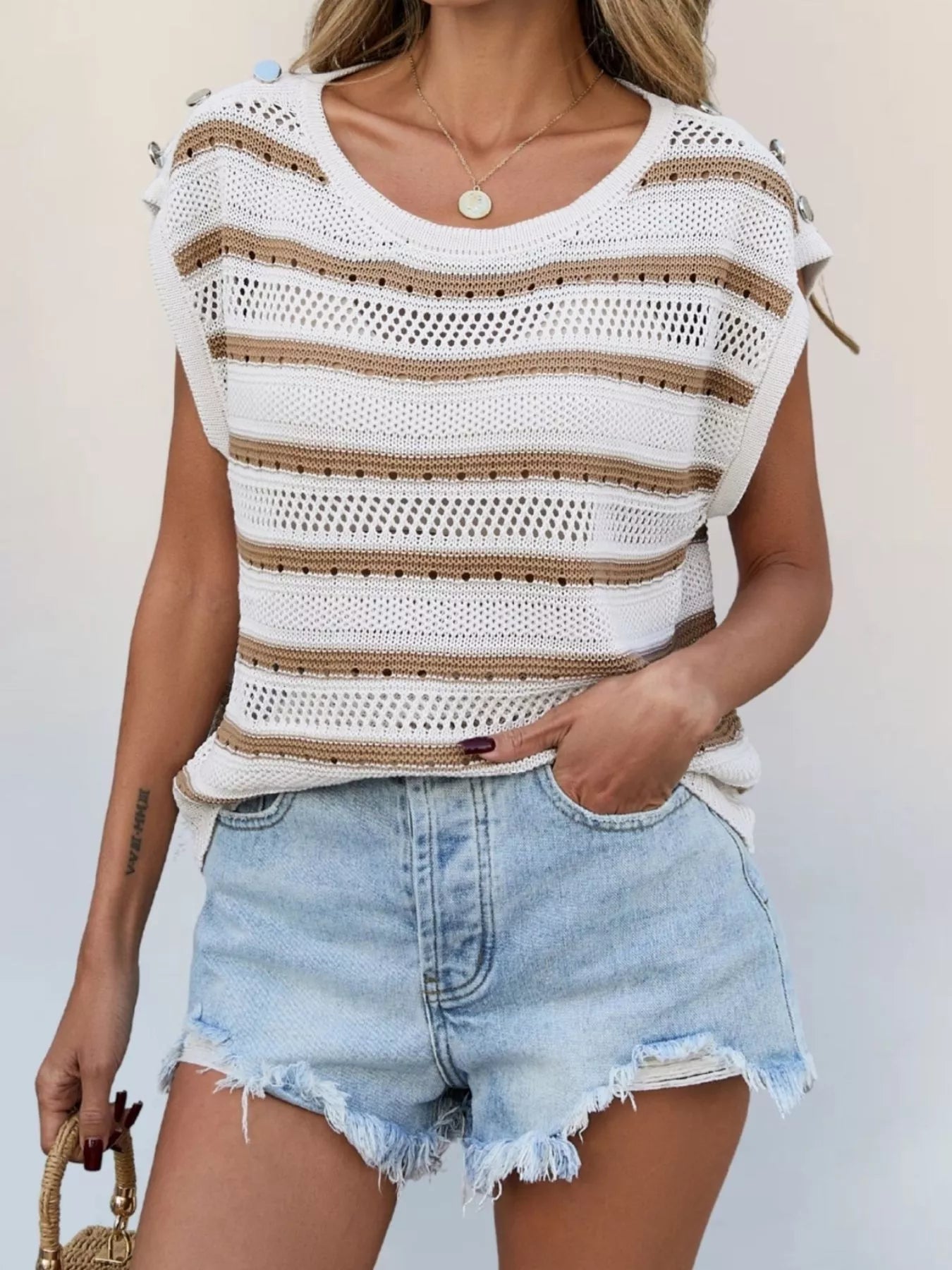 Openwork Round Neck Cap Sleeve Knit Top - Be Bliss Boutique