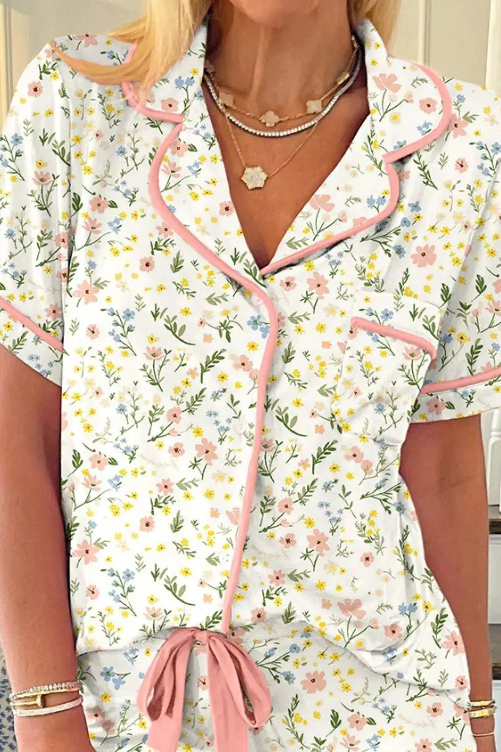 Printed Button Up Short Sleeve Top and Shorts Lounge Set 