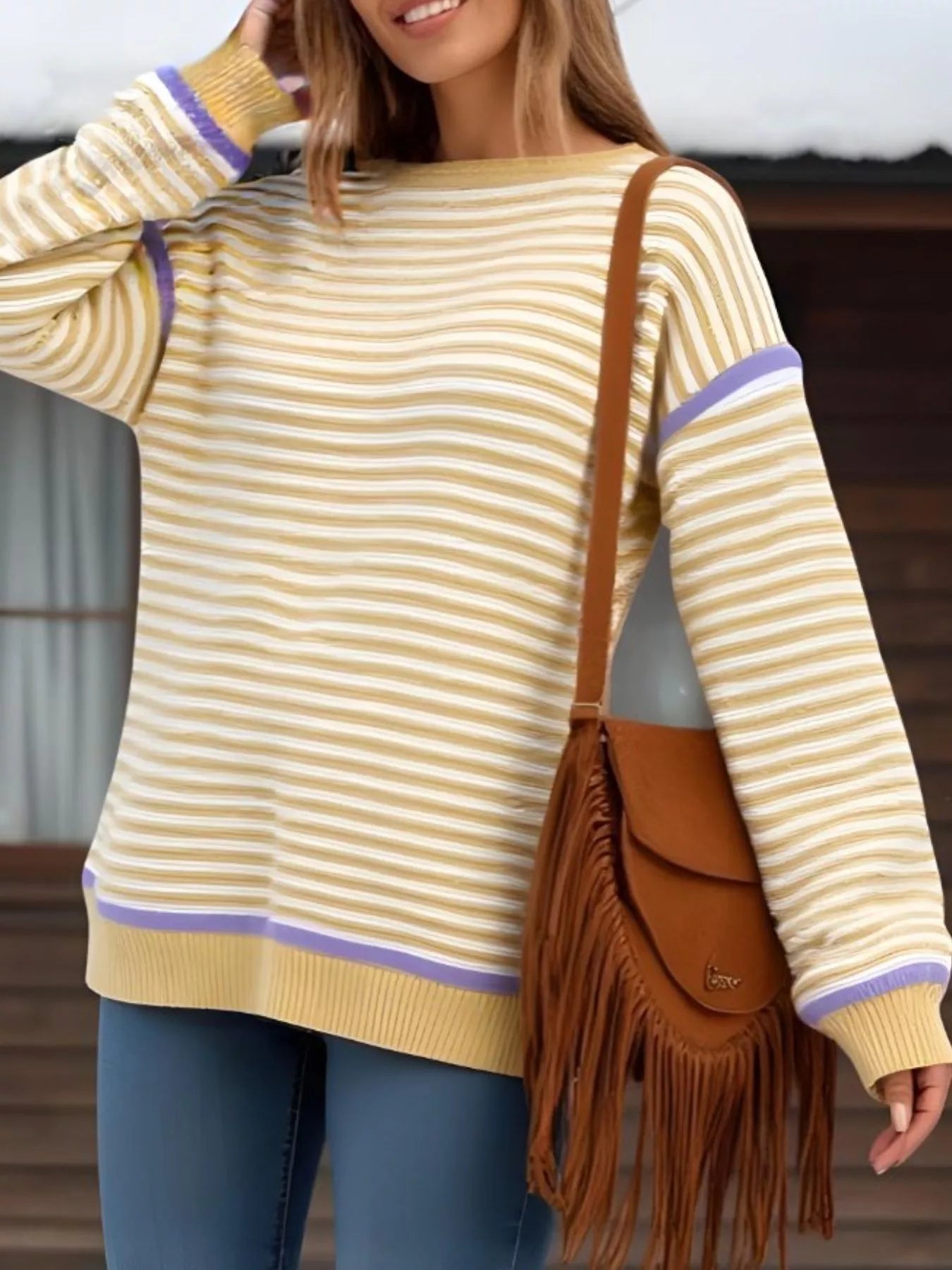 Striped Round Neck Long Sleeve Sweater -  Be Bliss Boutique