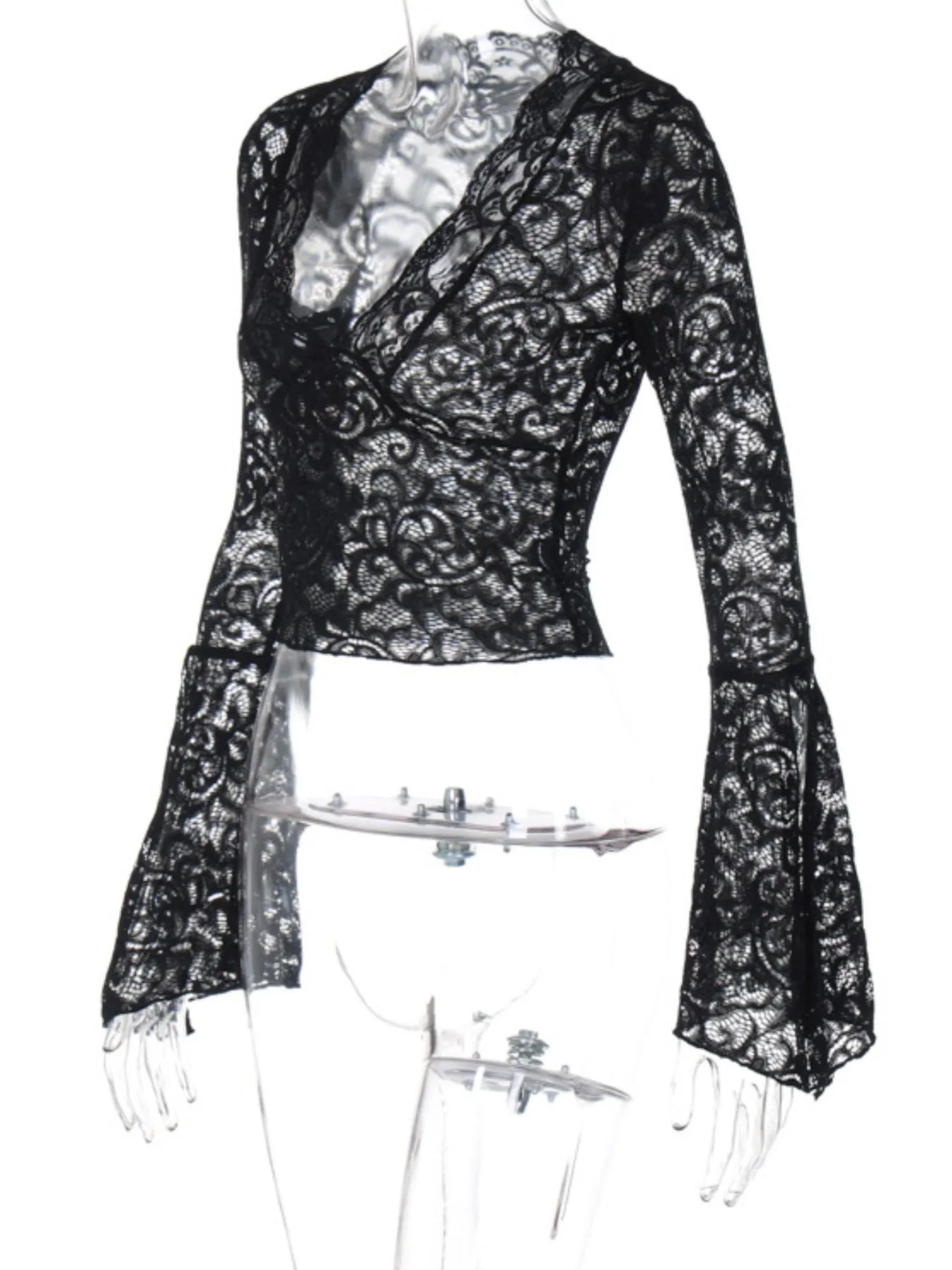 Lace Long Sleeve Deep V-Neck Blouse - Be Bliss Boutique