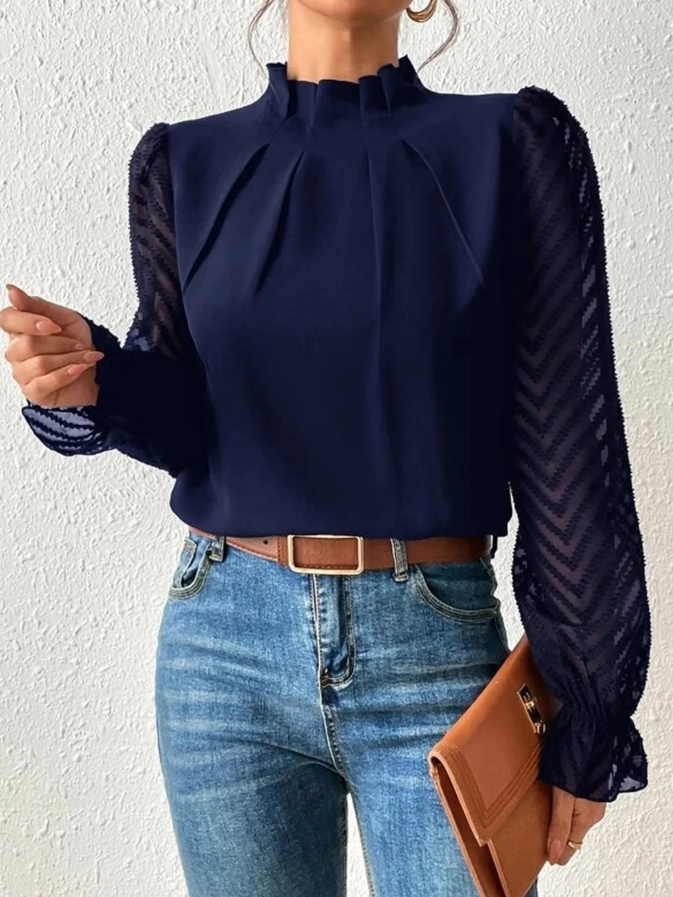 Mock Neck Flounce Sleeve Blouse -  Be Bliss Boutique