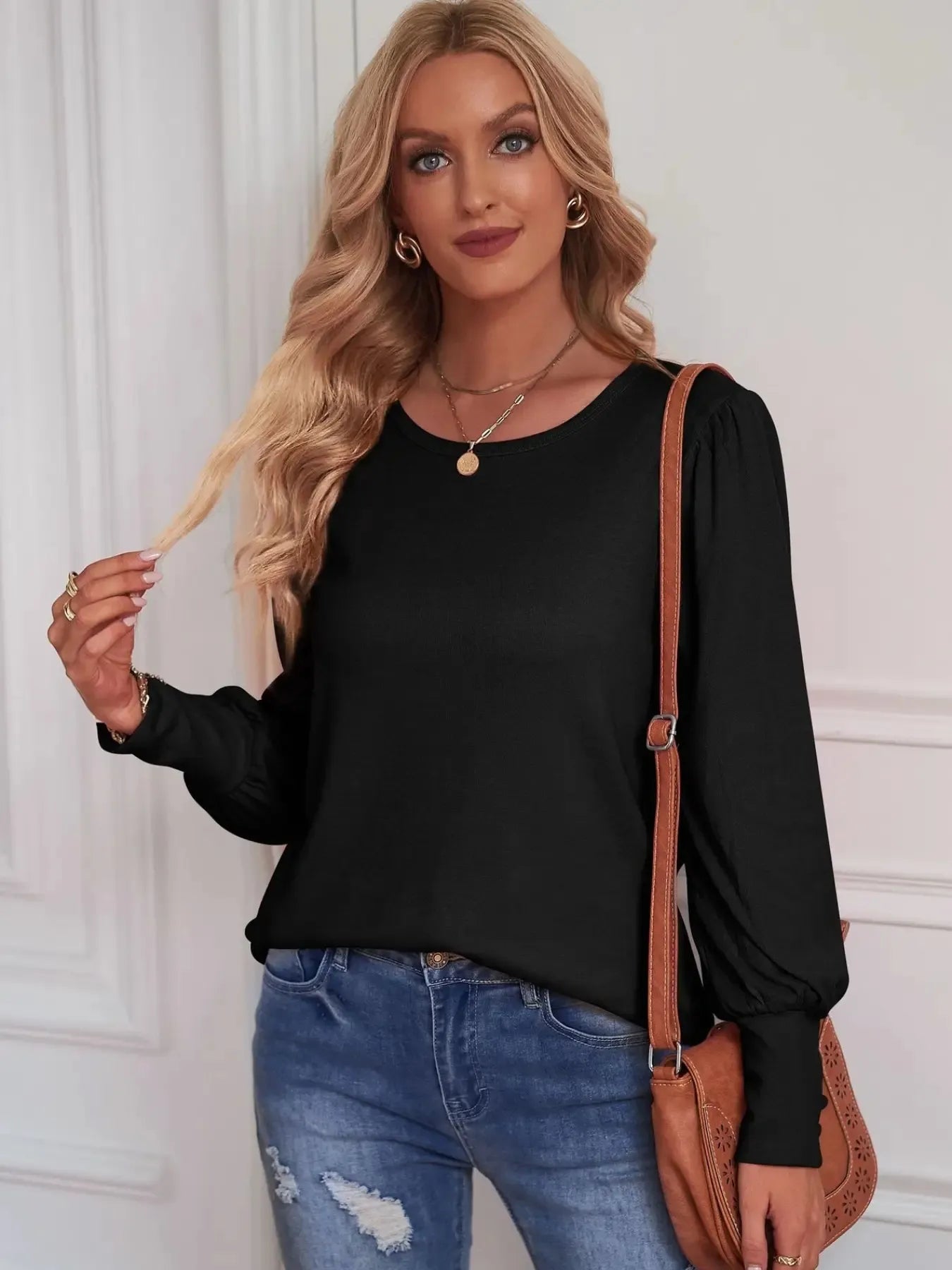 Long Sleeve Blouse with Elastic Cuffs -  Be Bliss Boutique
