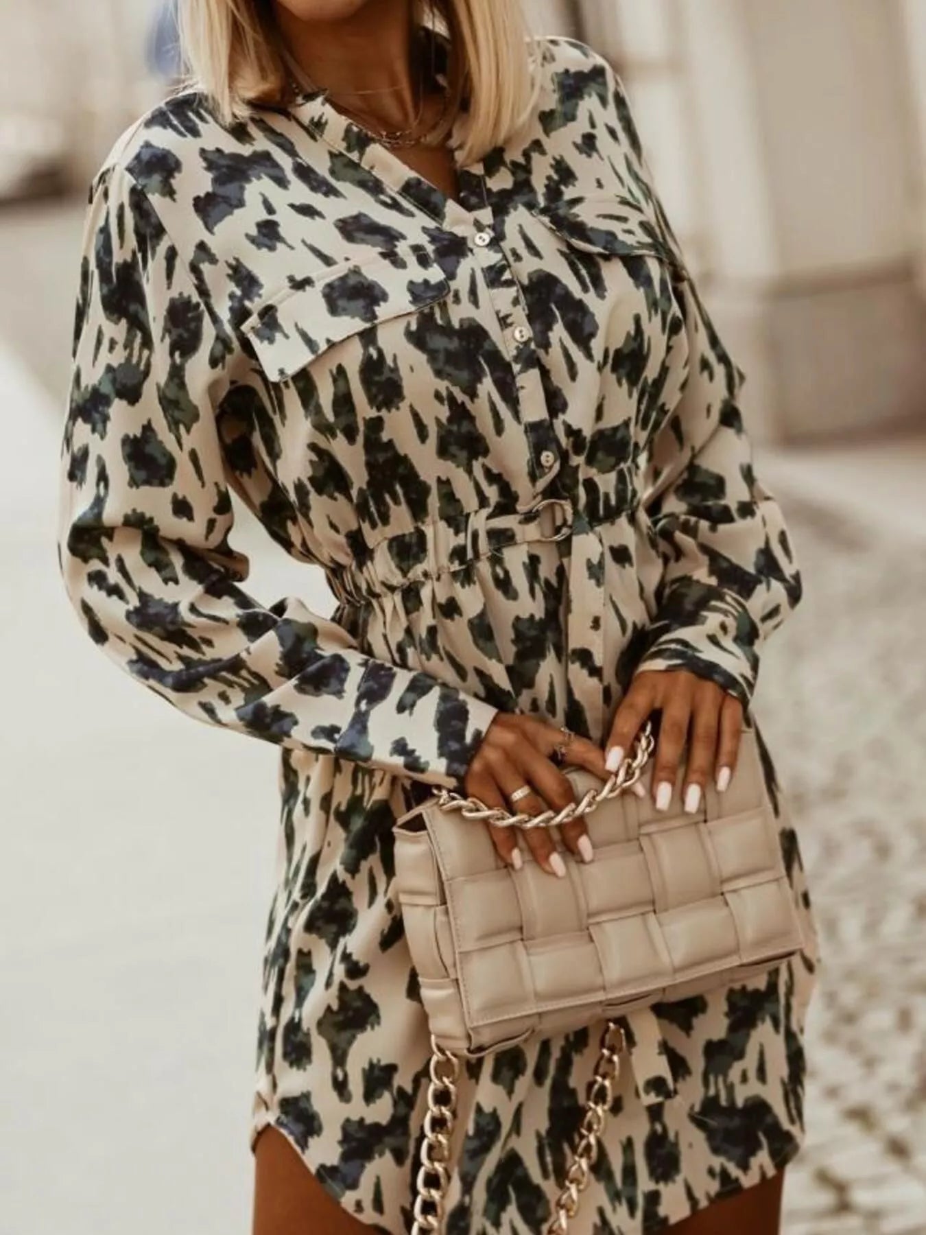 Printed Button Front Long Sleeve Dress -  Be Bliss Boutique