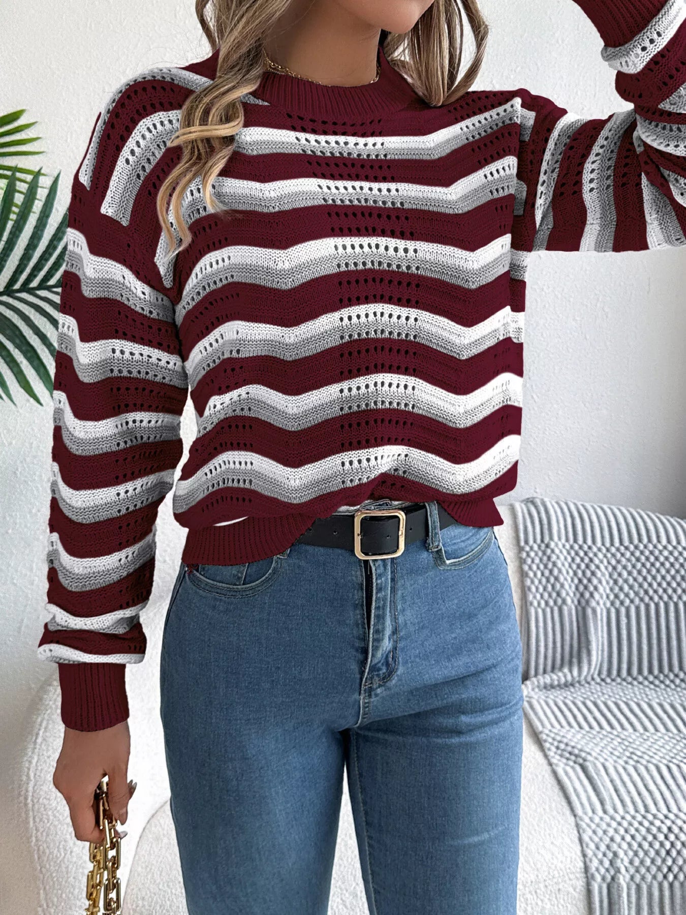 Striped Round Neck Long Sleeve Sweater - Be Bliss Boutique