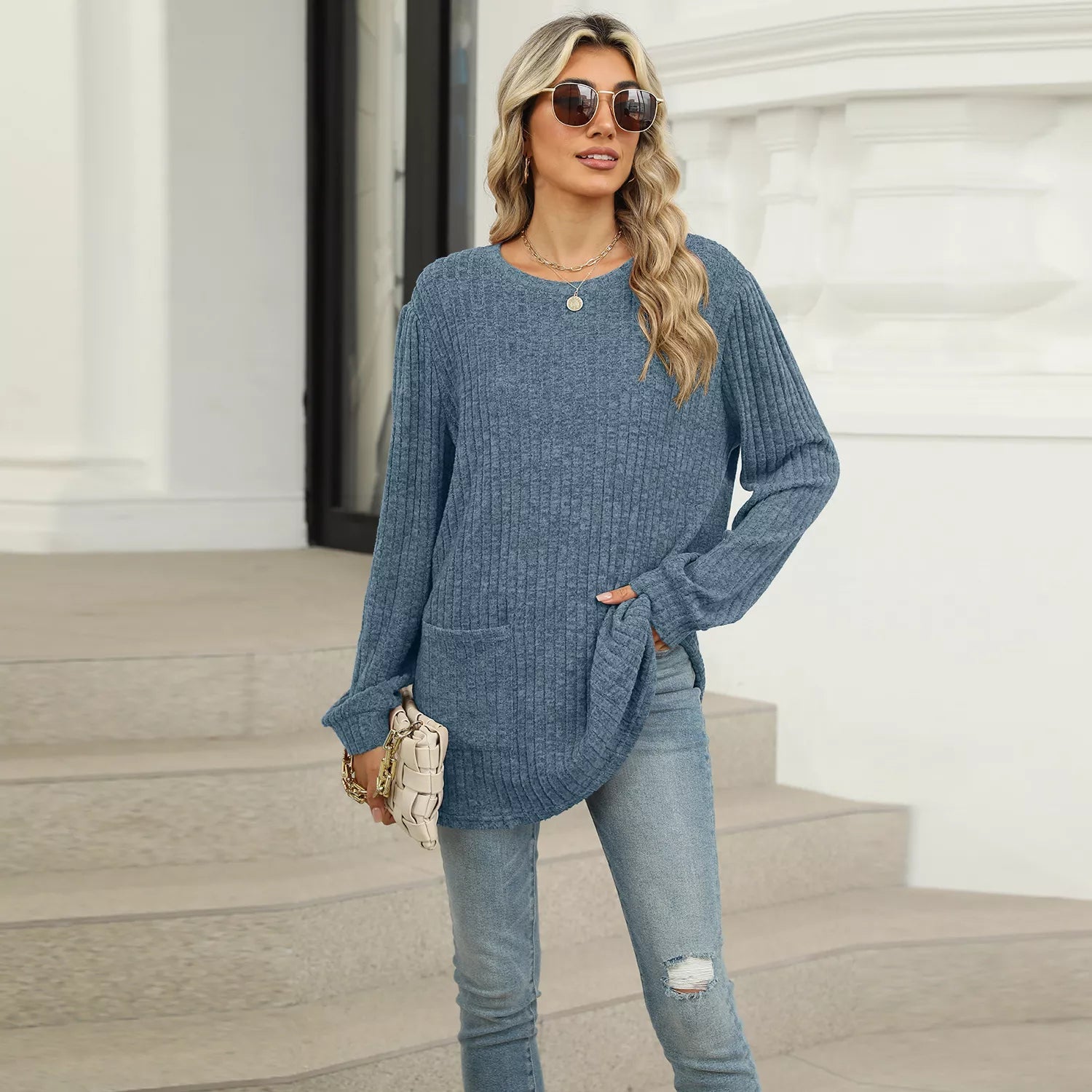 Ribbed Knit Long Sleeve T-Shirt -  Be Bliss Boutique