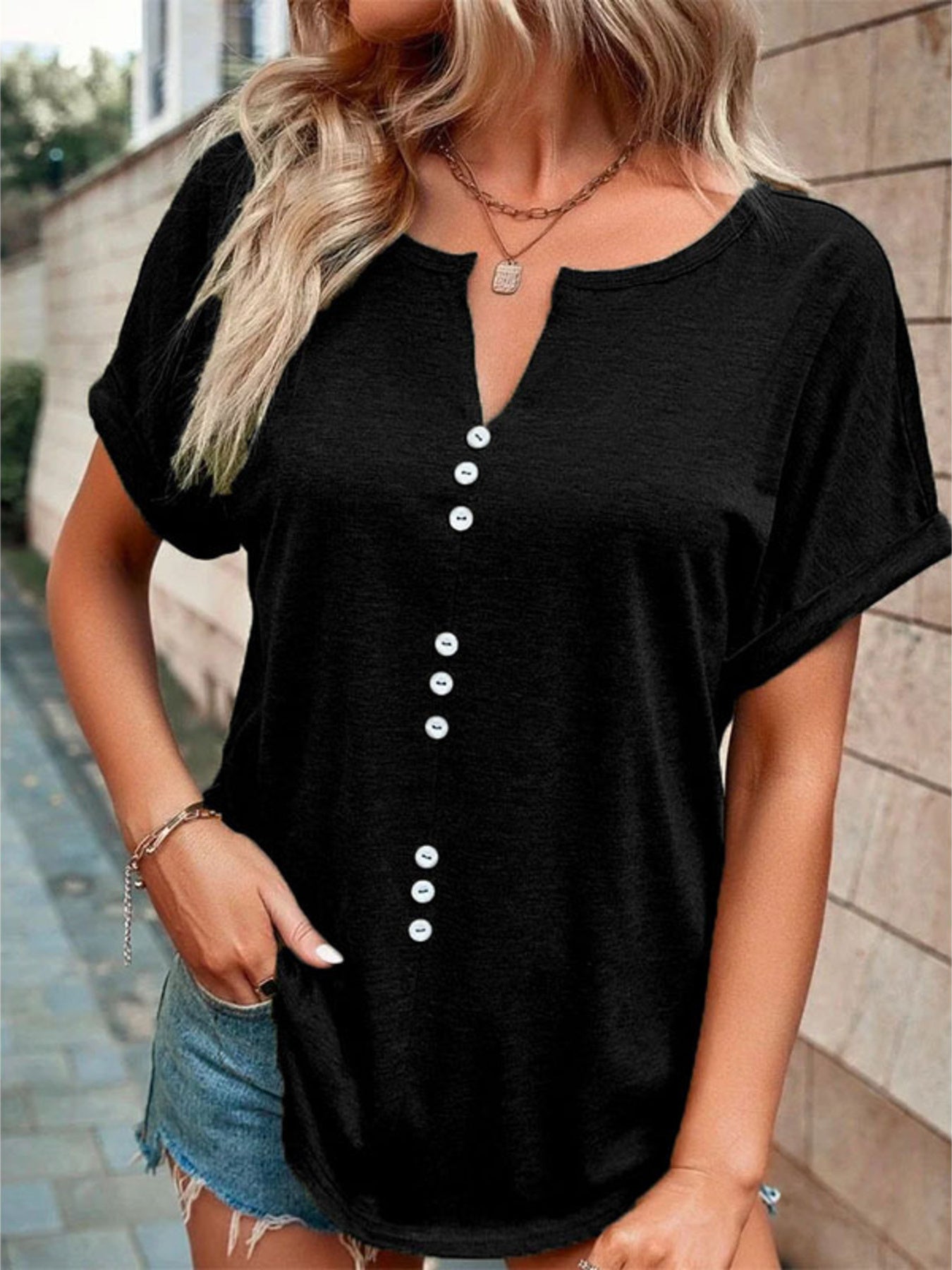 Full Size Decor Button Short Sleeve T Shirt - Be Bliss Boutique