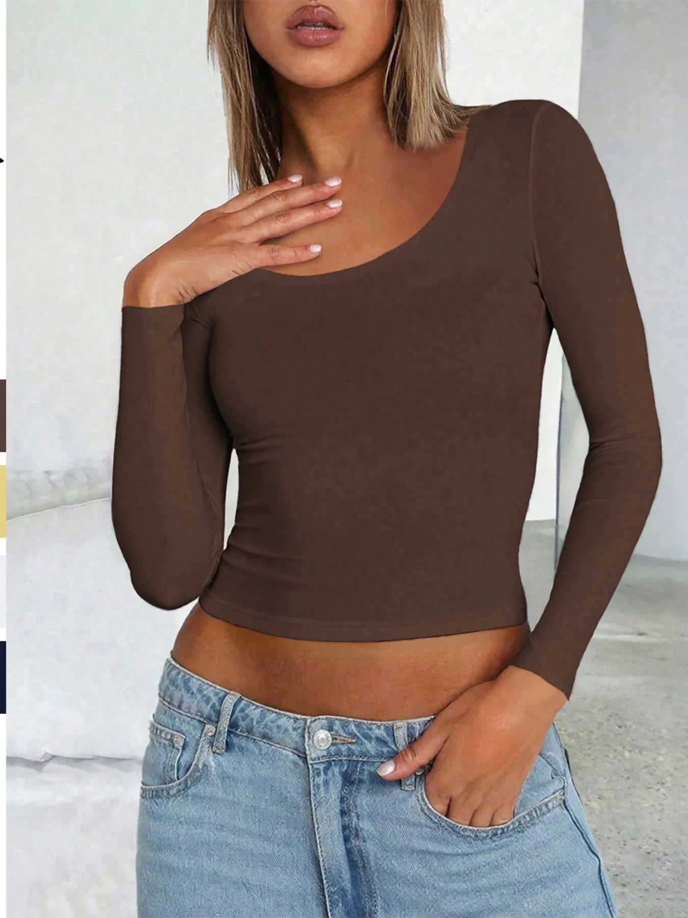 Scoop Neck Long Sleeve Fitted T-Shirt -  Be Bliss Boutique