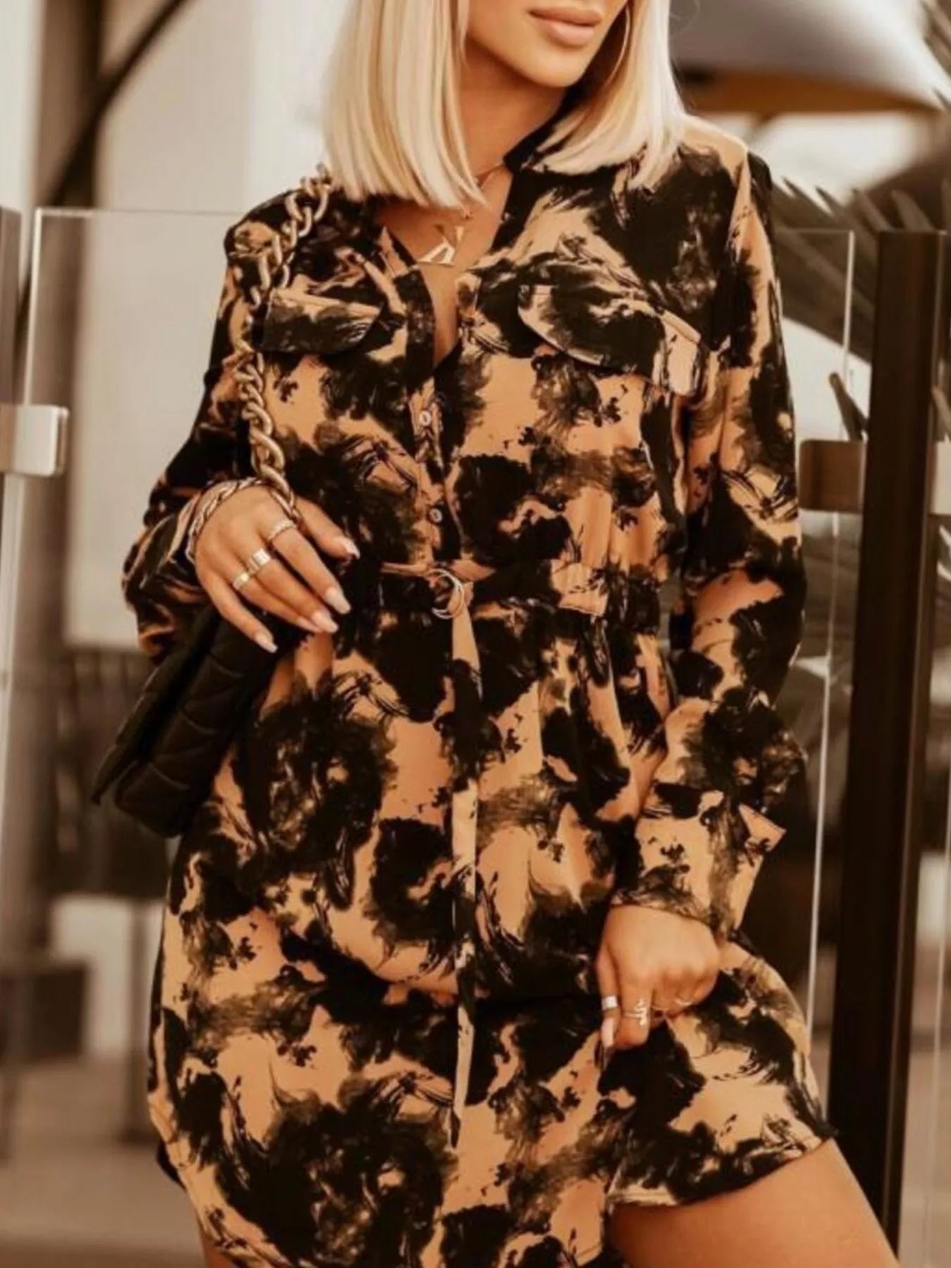 Printed Button Front Long Sleeve Dress -  Be Bliss Boutique