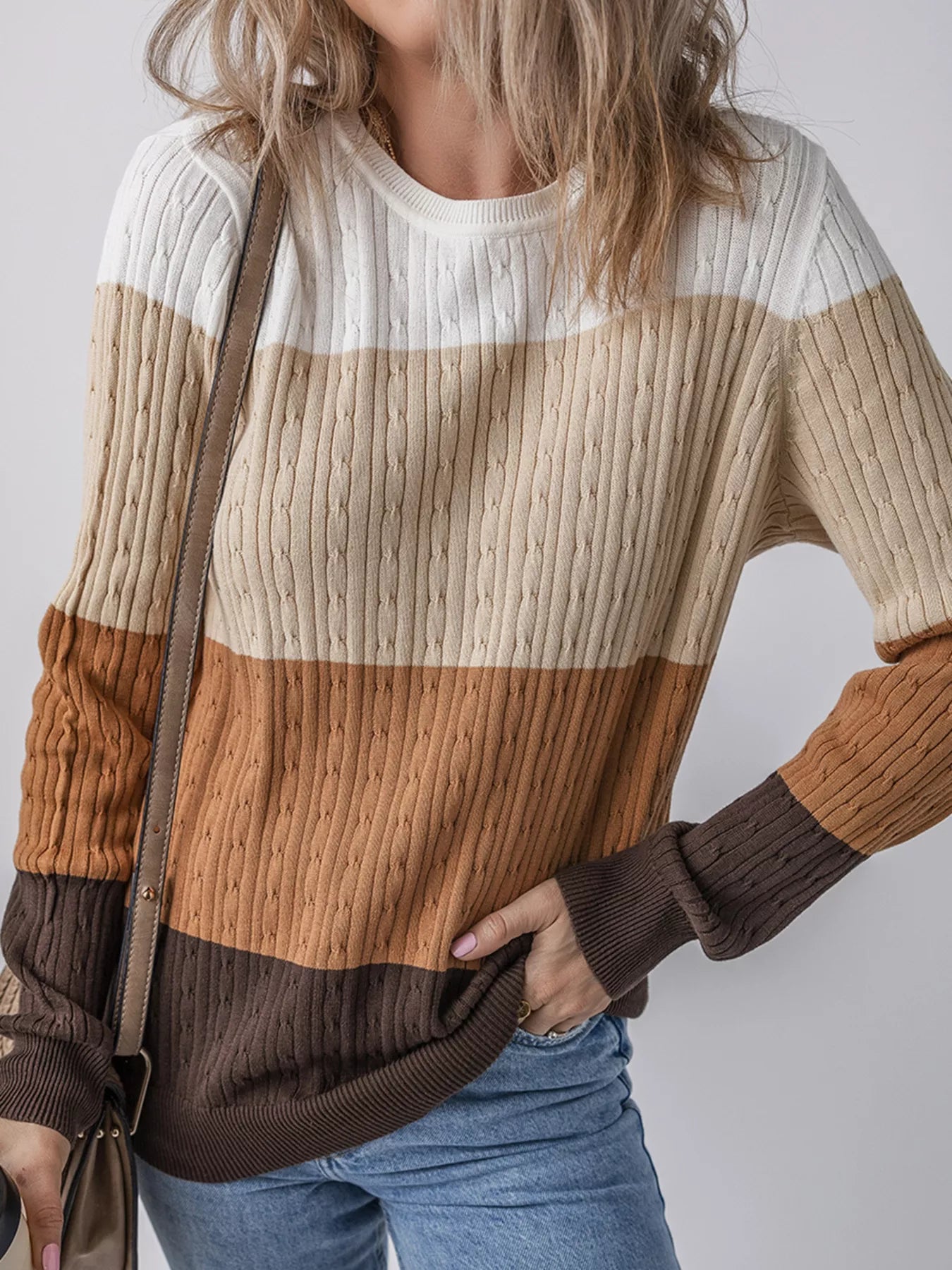Colorblock Cable Knit Round Neck Sweater - Be Bliss Boutique