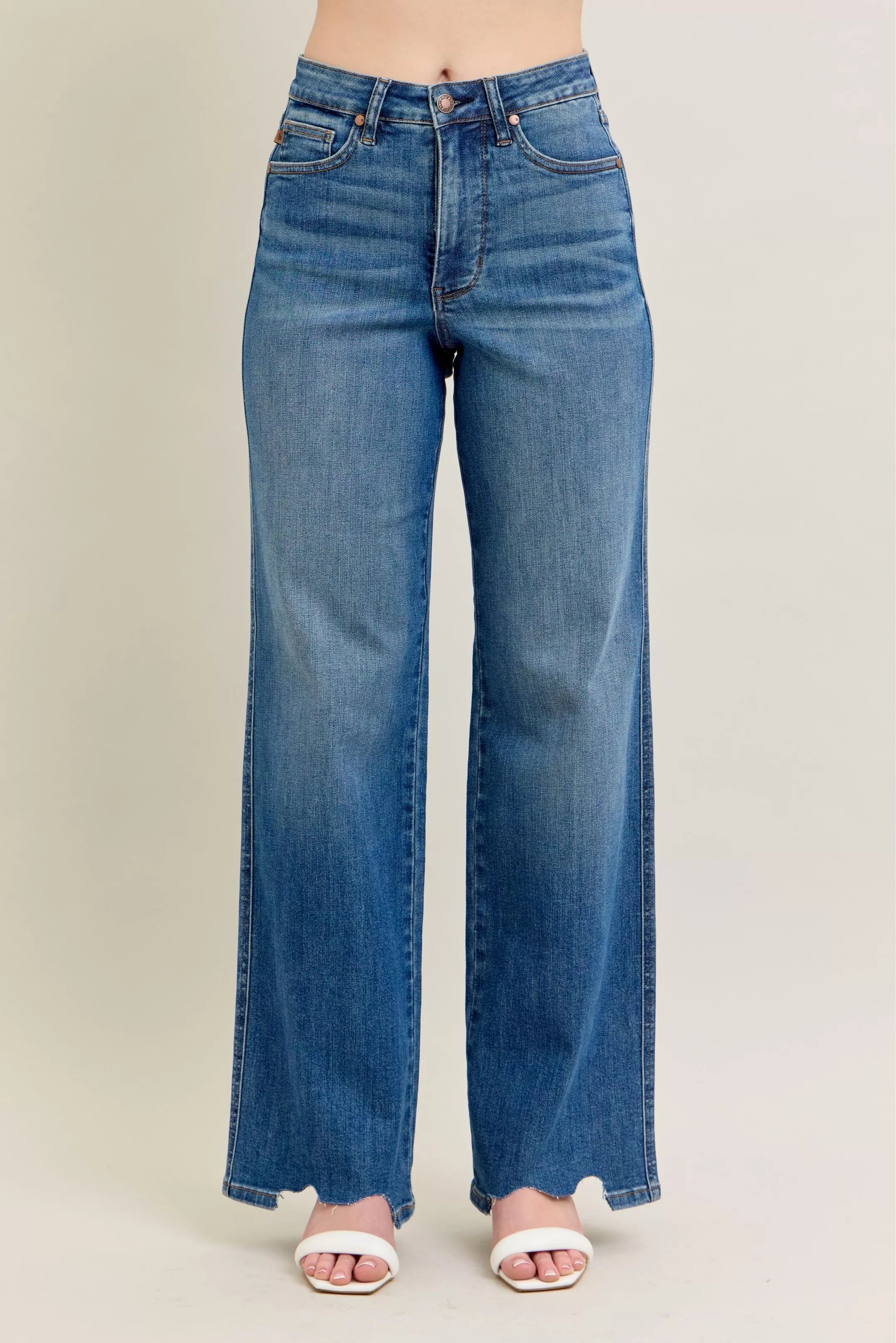 Judy Blue Full Size High Waist Tummy Control Chew Hem Destroy Wide Jeans Plus Size - Be Bliss Boutique