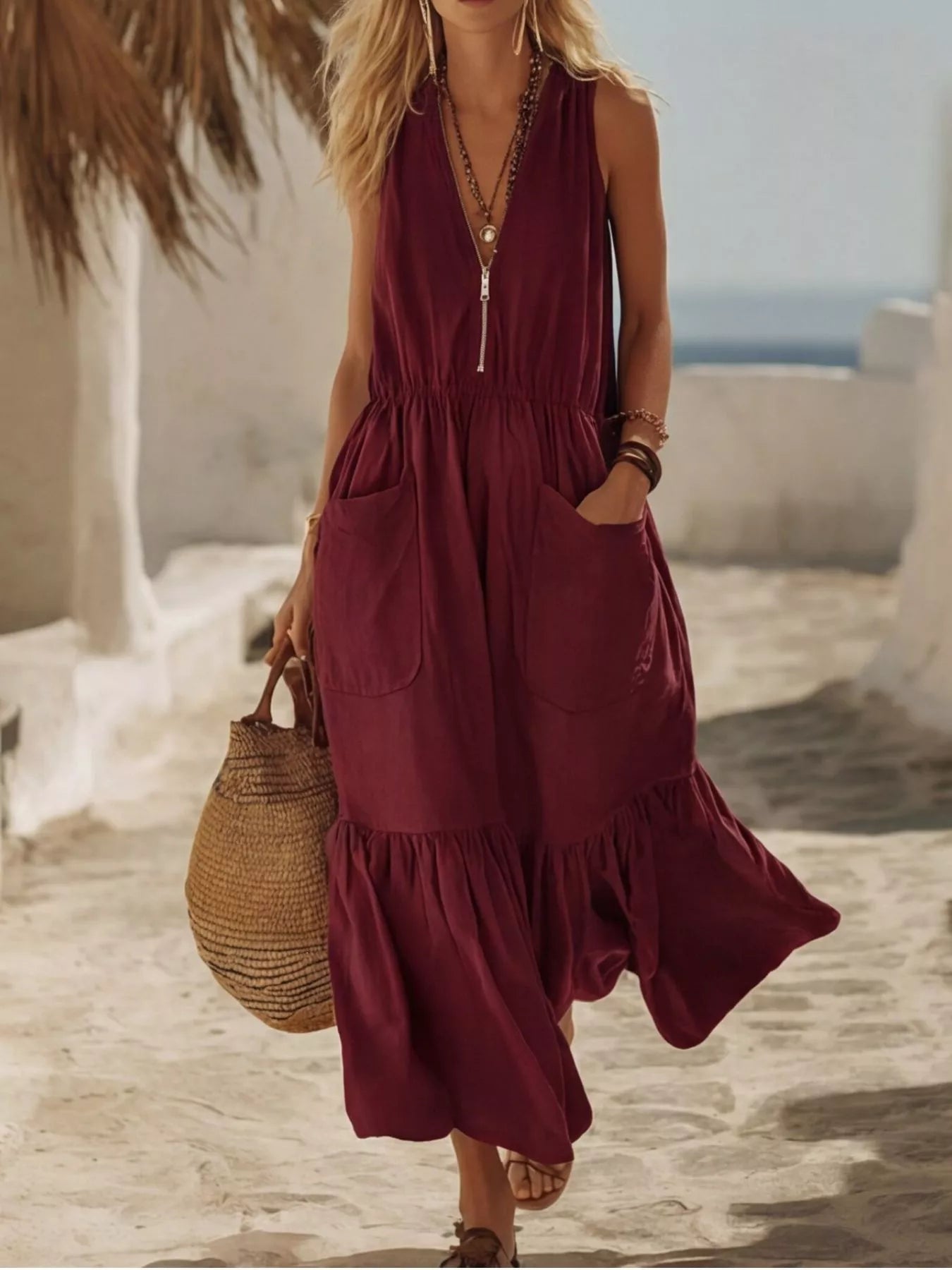 Full Size Zipper Front Pocket Ruffle Hem Sleeveless Maxi Dress - Be Bliss Boutique