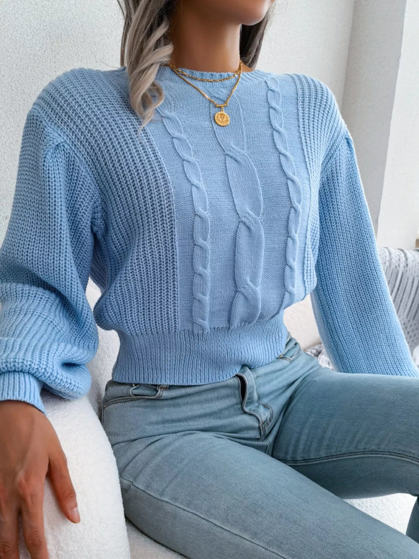 Cable Knit Round Neck Cropped Sweater - Be Bliss Boutique