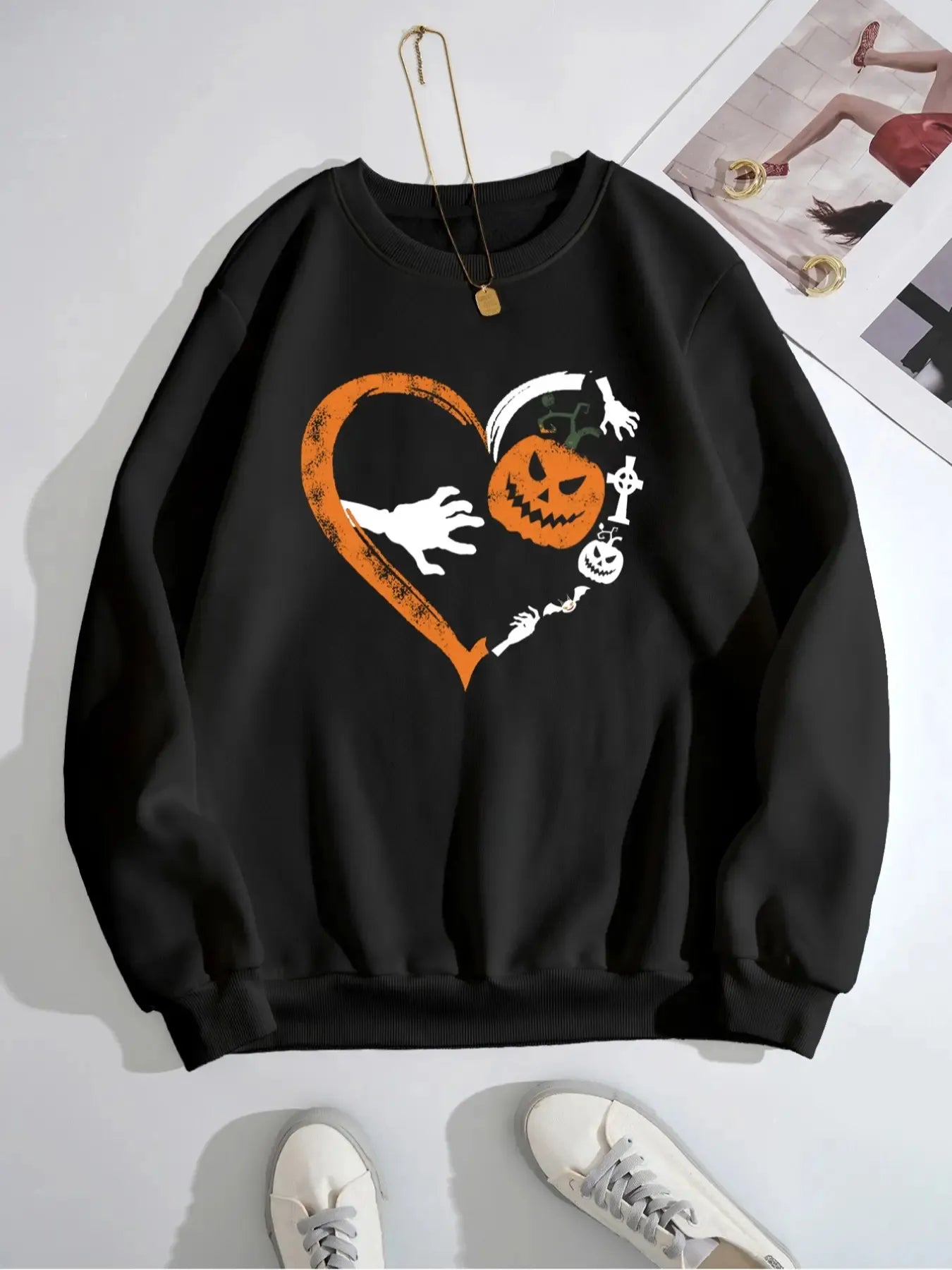 Halloween Heart Pumpkin Round Neck Sweatshirt -  Be Bliss Boutique