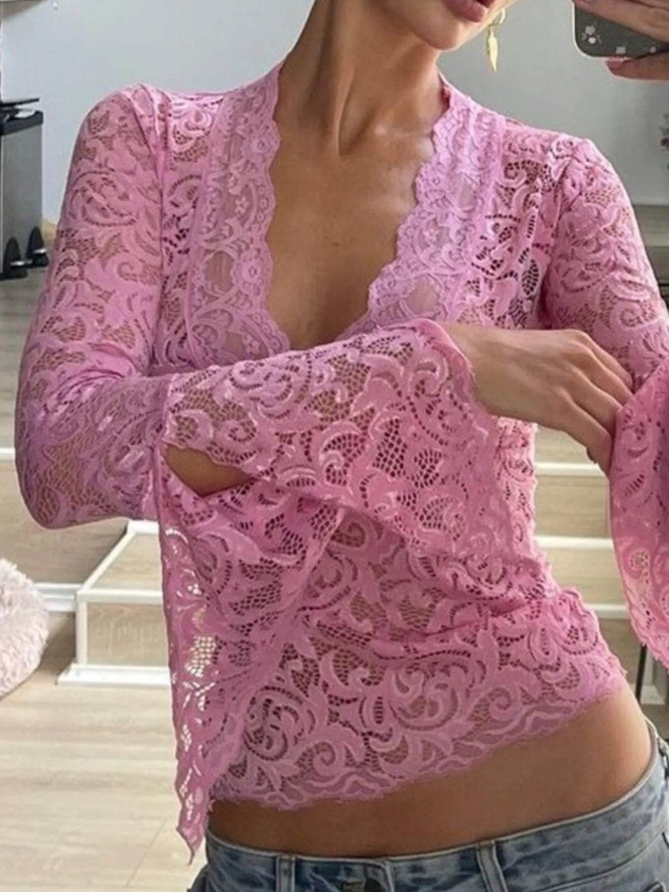 Lace Long Sleeve Deep V-Neck Blouse - Be Bliss Boutique