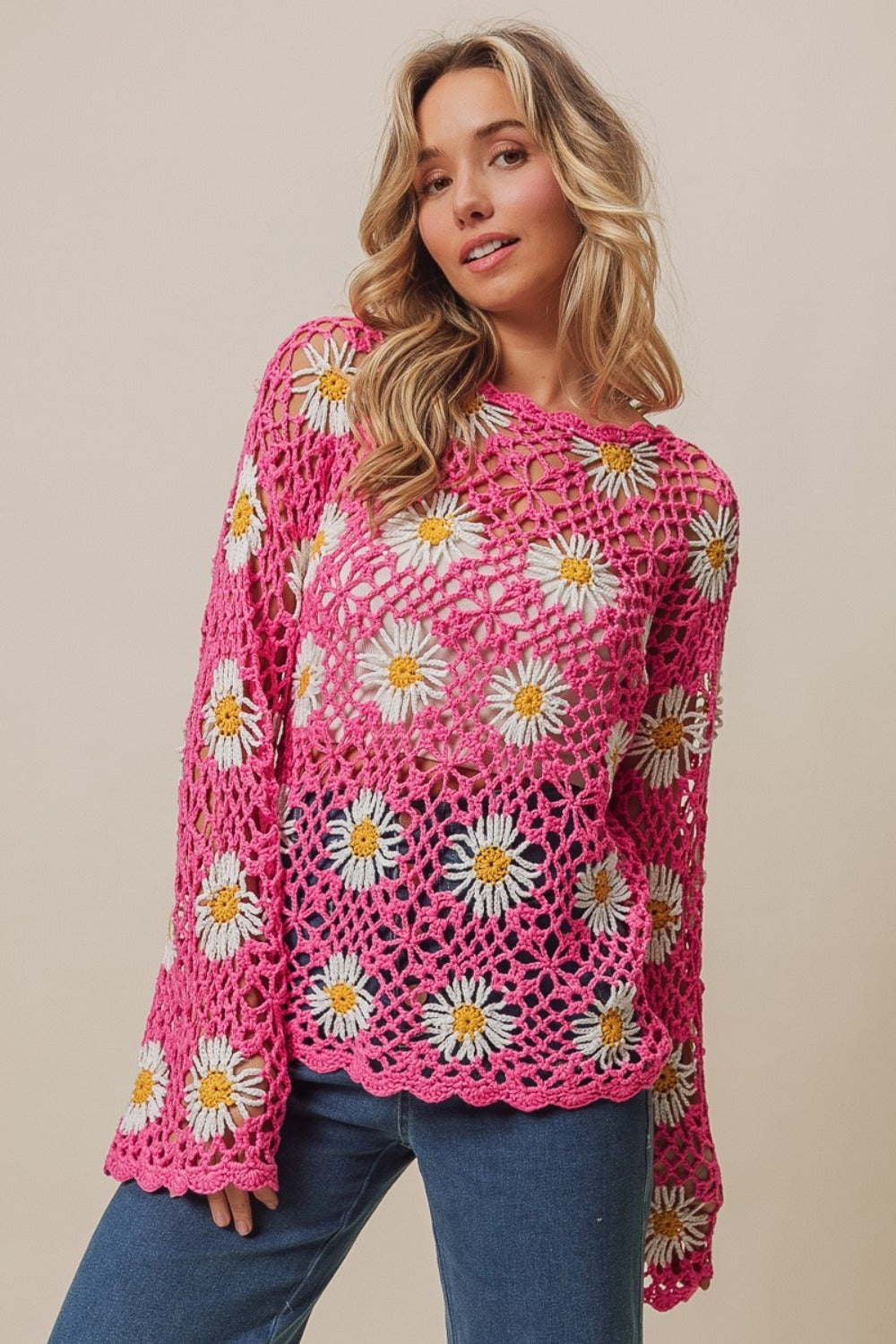 Pink Floral Crochet Net Lace Cover Up