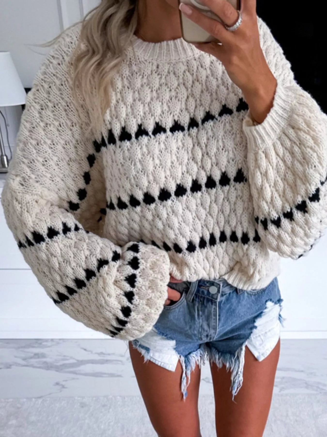 Chunky Knit Striped Sweater with Balloon Sleeves -  Be Bliss Boutique