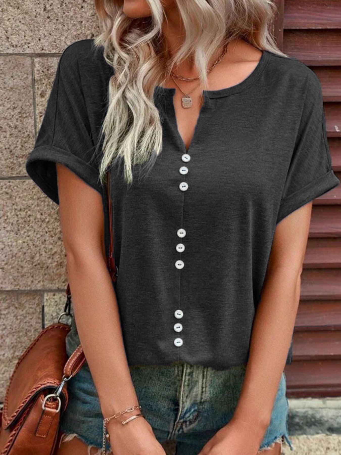 Full Size Decor Button Short Sleeve T Shirt - Be Bliss Boutique