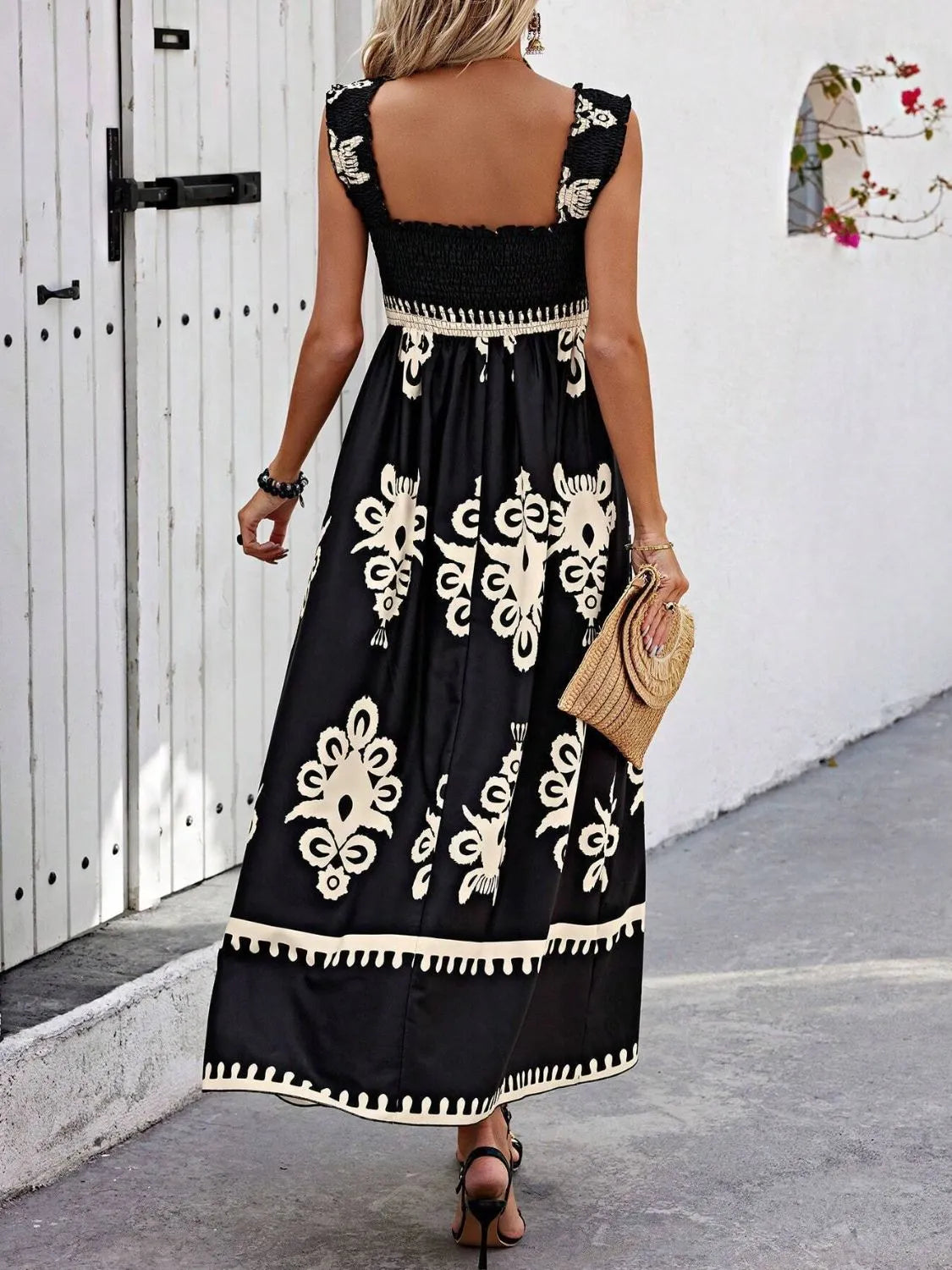 Smocked Printed Wide Strap Maxi Dress - Be Bliss Boutique