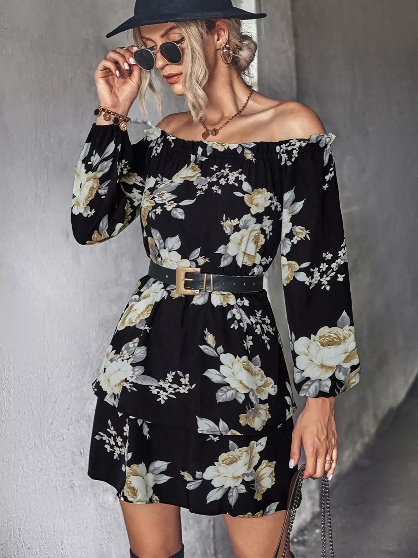 Off-Shoulder Floral Print Long Sleeve Mini Dress - Be Bliss Boutique