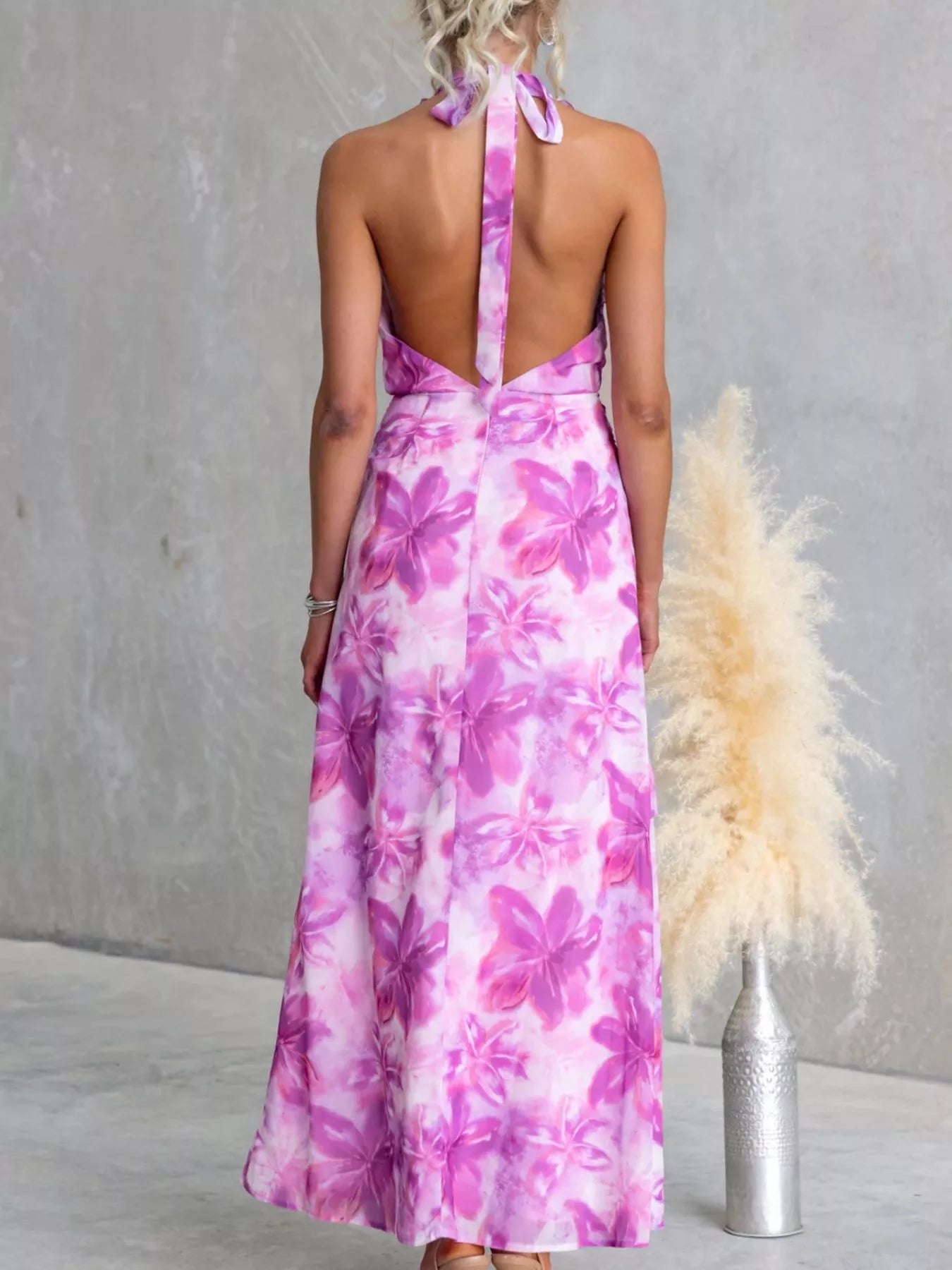 Floral Print Ruffle Halter Neck Maxi Dress - Be Bliss Boutique