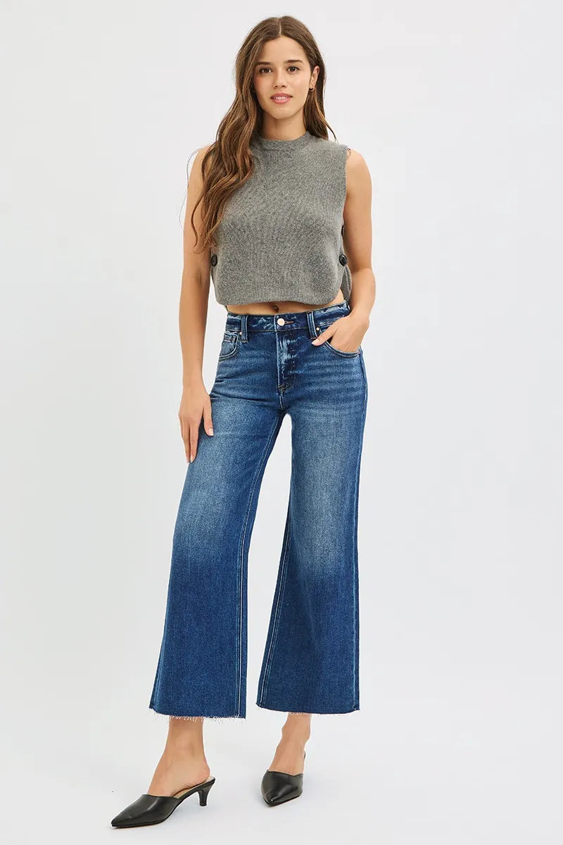 RISEN Full Size Mid Rise Crop Wide Raw Cut Hem Jeans Plus Size -  Be Bliss Boutique