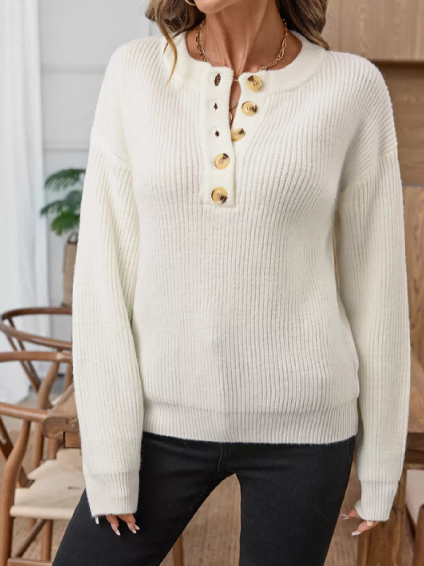 Button Detail Long Sleeve Sweater -  Be Bliss Boutique