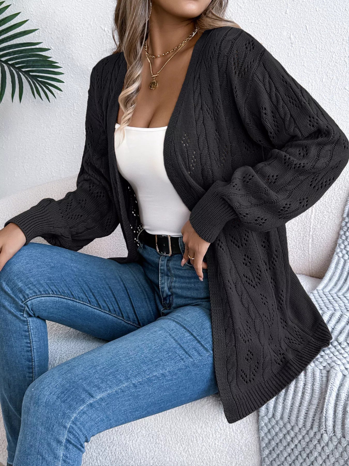 Openwork Open Front Long Sleeve Cardigan - Be Bliss Boutique