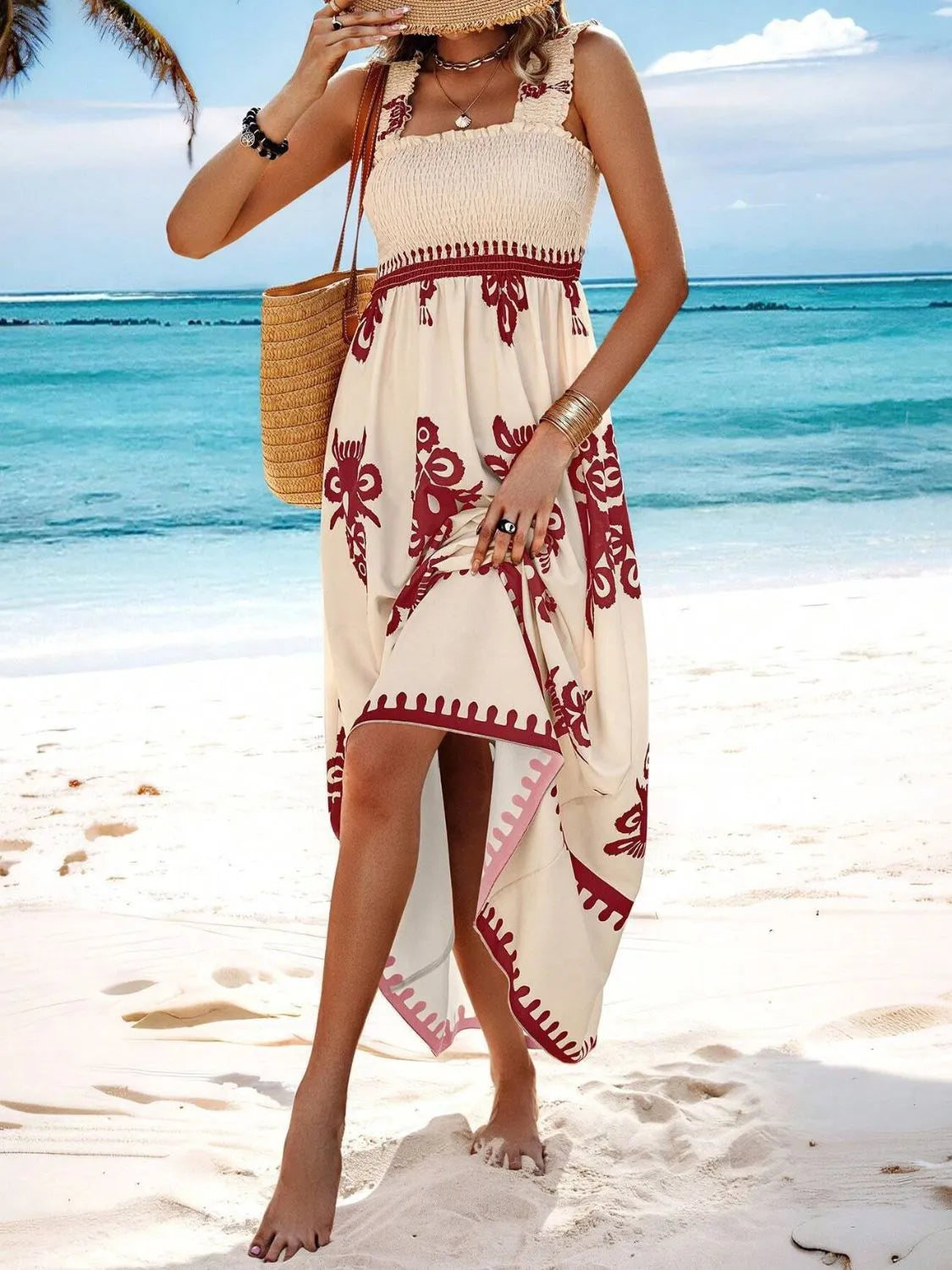 Smocked Printed Wide Strap Maxi Dress - Be Bliss Boutique