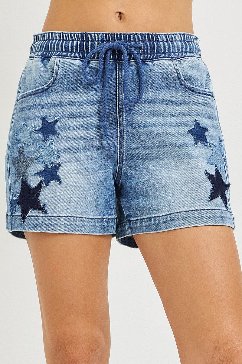 RISEN Star Patch Elastic Waist Denim Shorts - Be Bliss Boutique