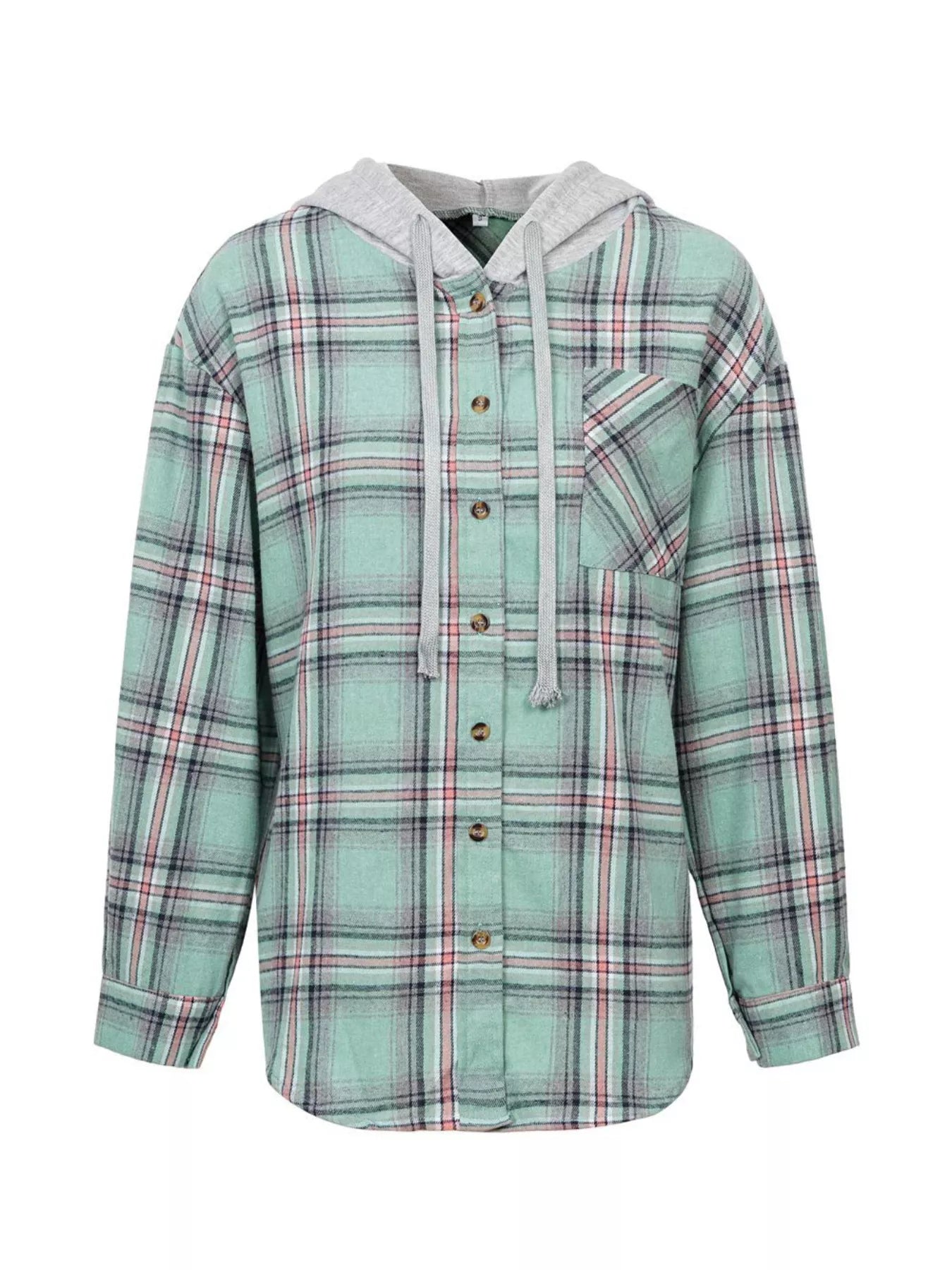 Plaid Button-Up Hooded Shirt with Chest Pocket - Be Bliss Boutique