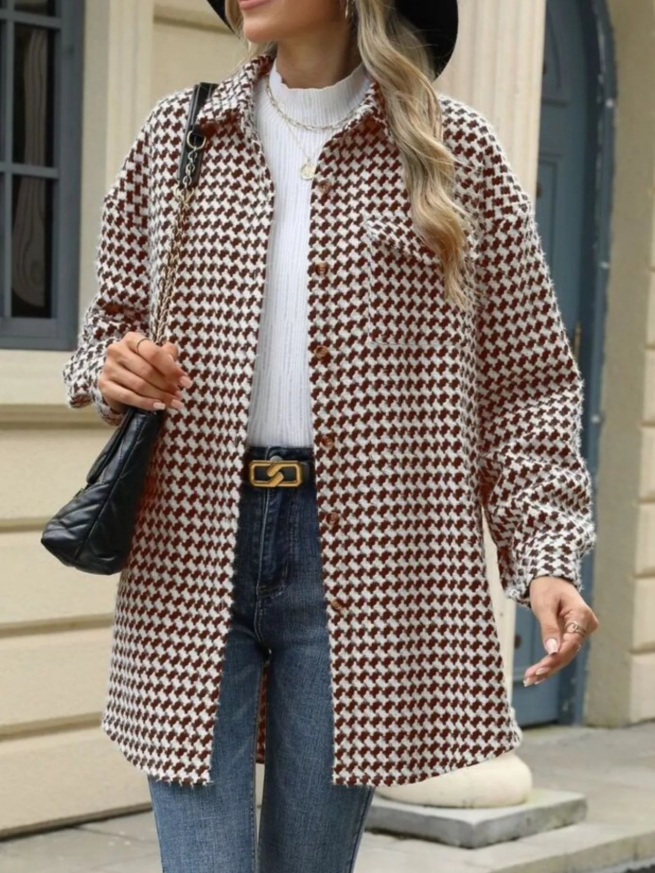 Houndstooth Button Up Long Sleeve Coat - Be Bliss Boutique