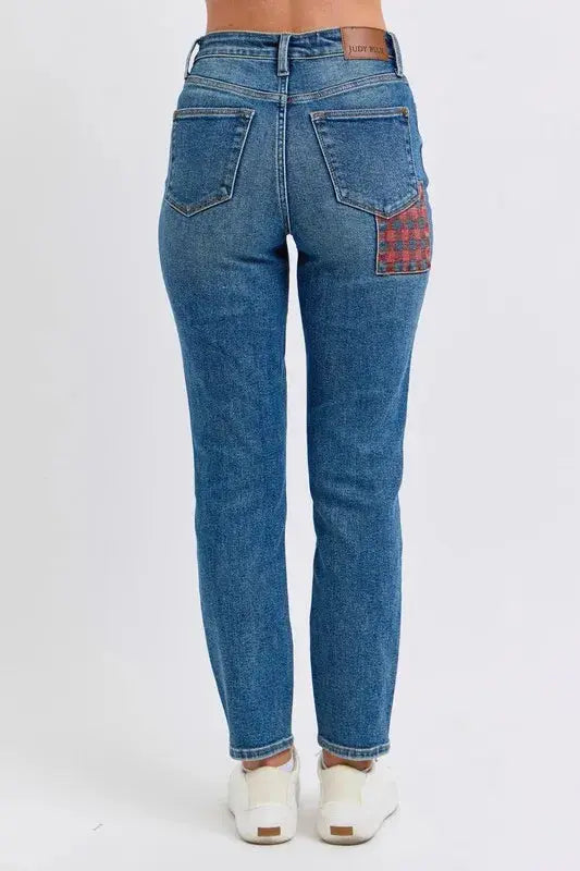 Judy Blue Full Size/Plus Size High Waist Plaid Patch Slim Fit Jeans | Be Bliss Boutique