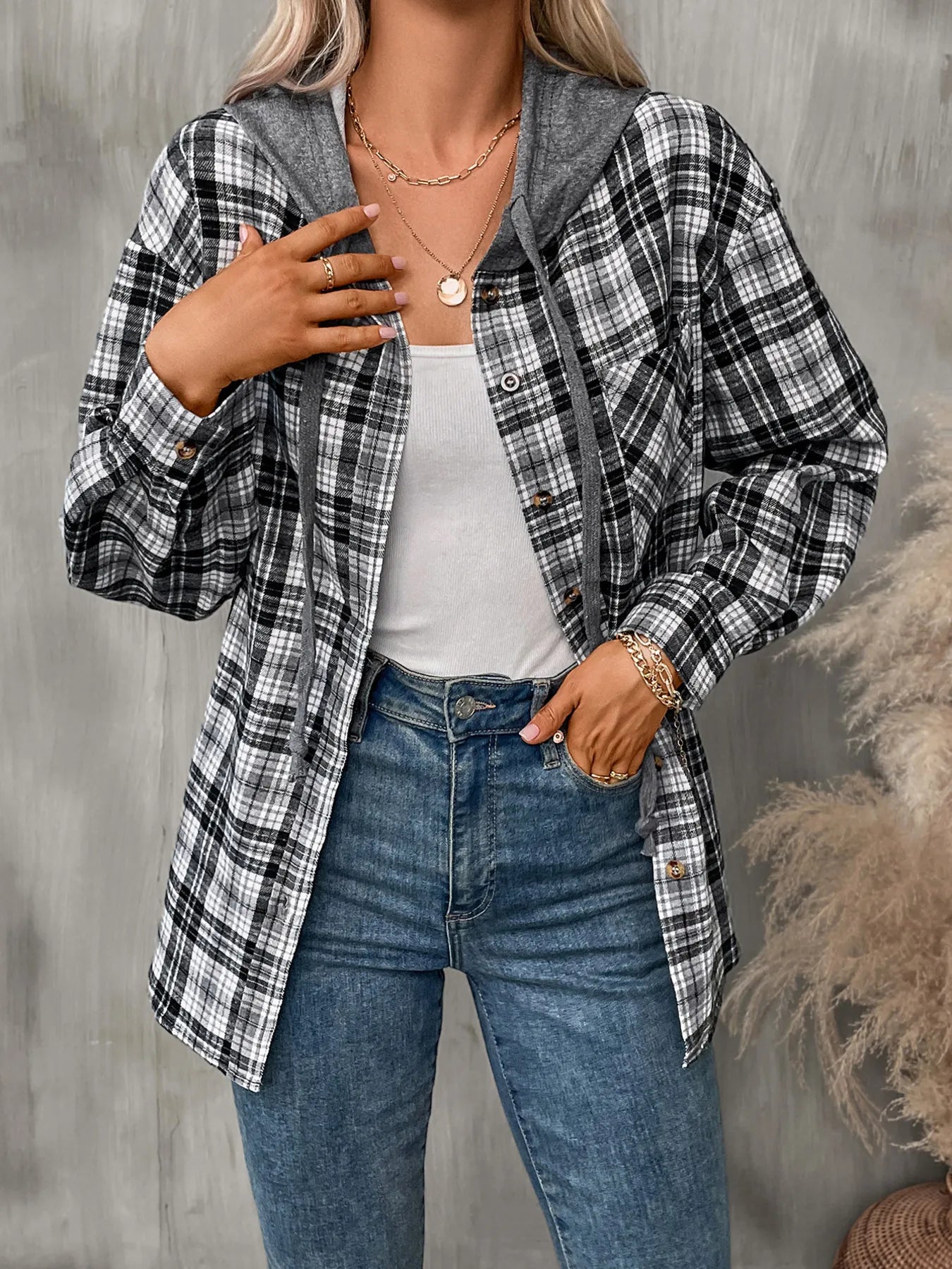 Plaid Button-Up Hooded Shirt with Chest Pocket - Be Bliss Boutique