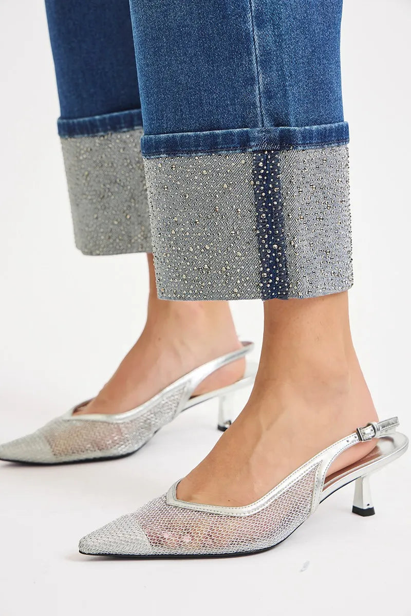 RISEN Jeans - High Rise Wide Leg Rhinestone Cuffed Jeans -  Be Bliss Boutique