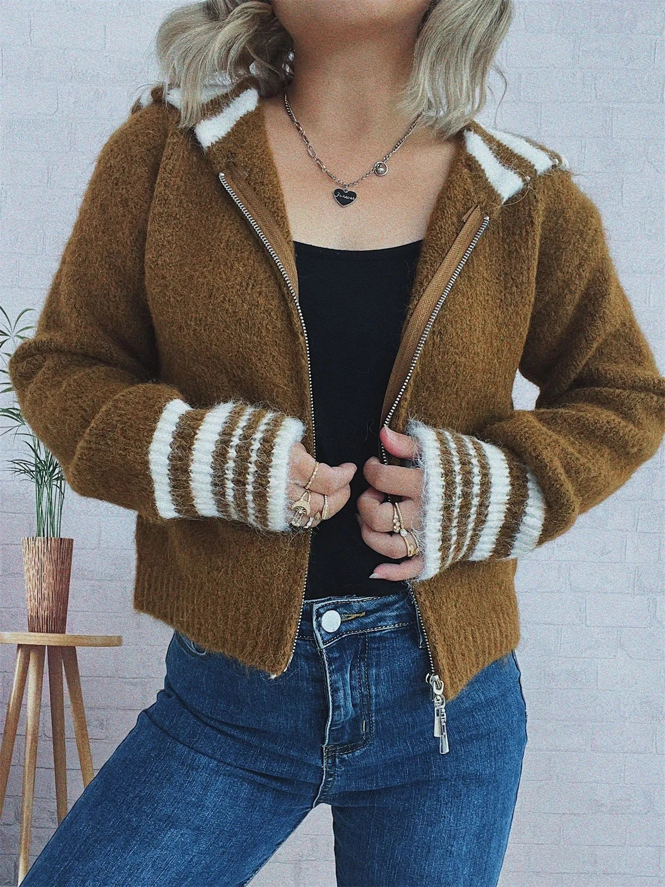 Striped Zip-Up Cardigan -  Be Bliss Boutique
