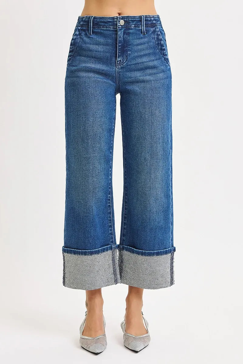 RISEN Jeans - High Rise Wide Leg Rhinestone Cuffed Jeans -  Be Bliss Boutique