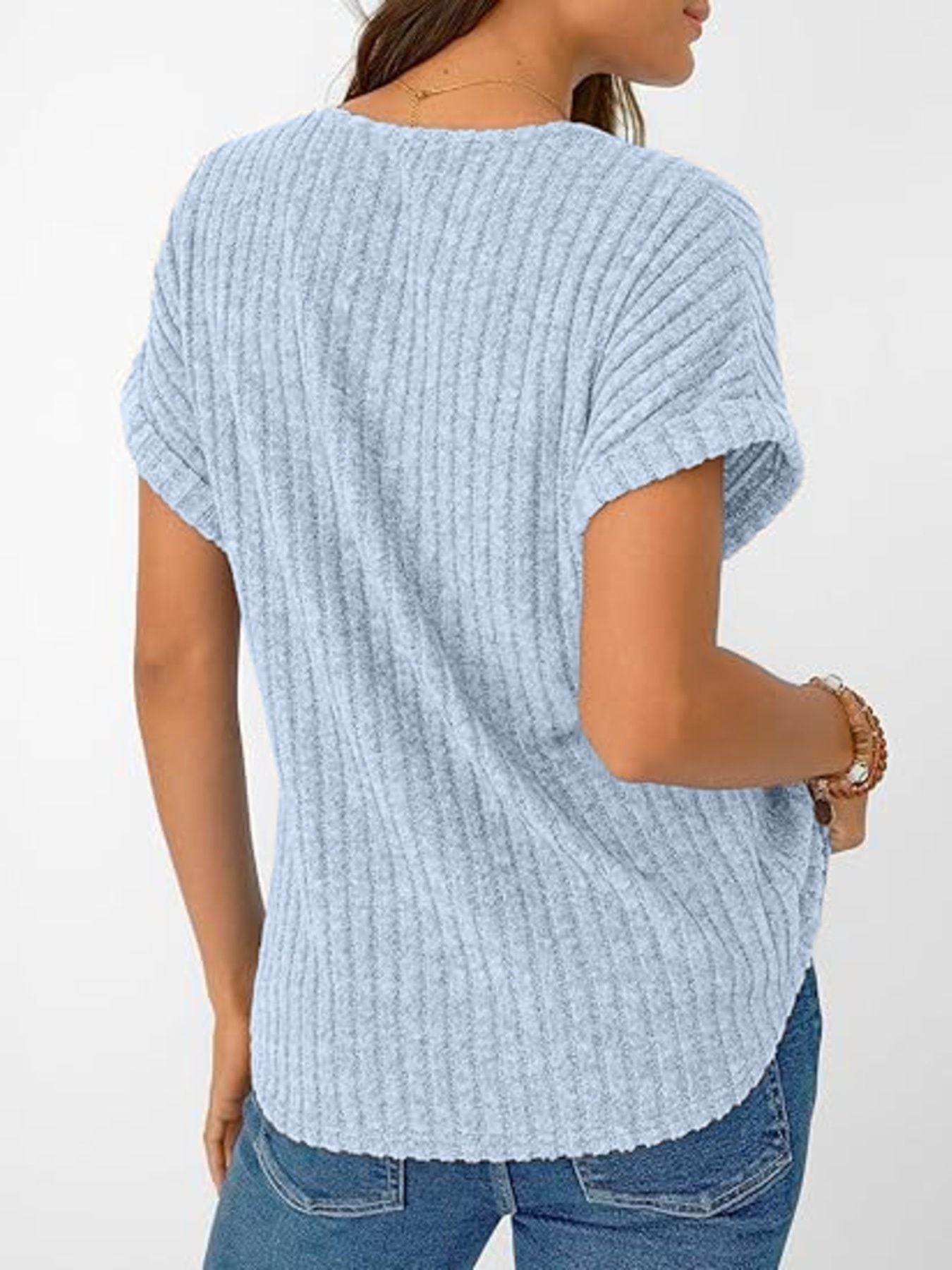 Ribbed Knit V Neck Relaxed Fit T Shirt - Be Bliss Boutique