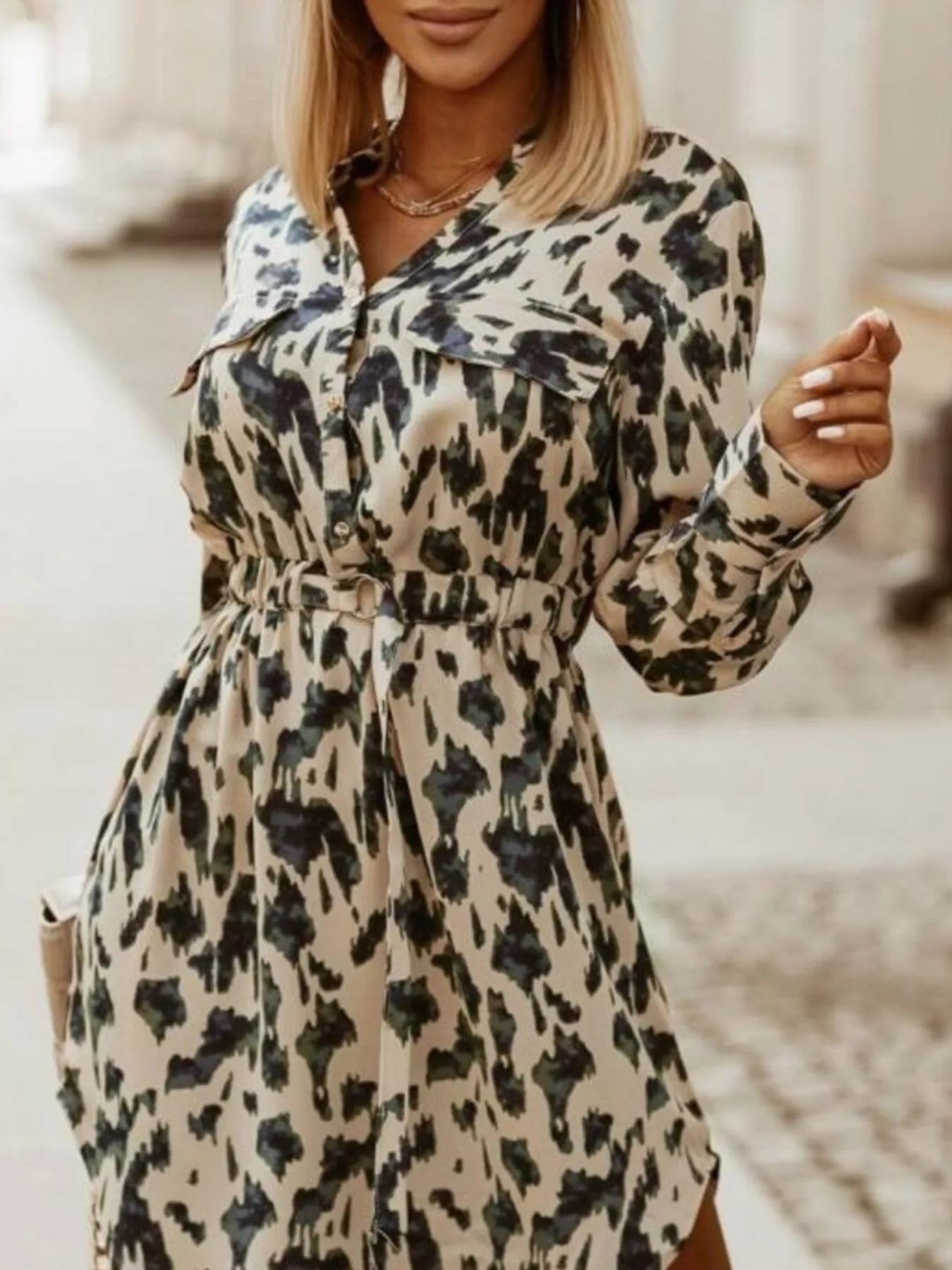 Printed Button Front Long Sleeve Dress -  Be Bliss Boutique