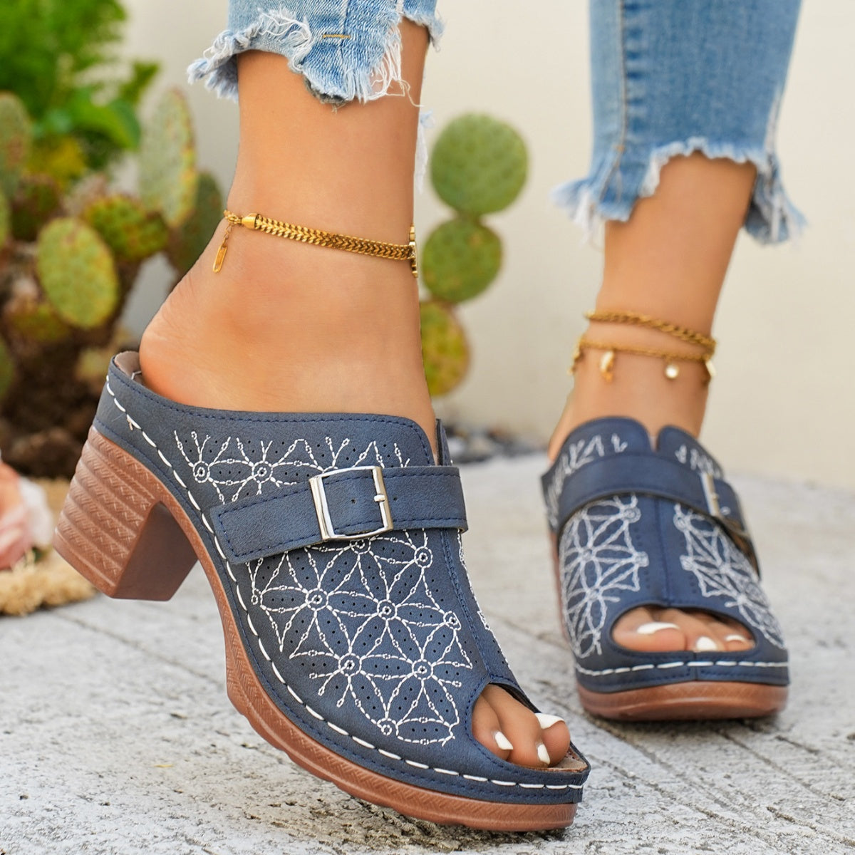 Buckle Decor Block Heel Sandals - Be Bliss Boutique